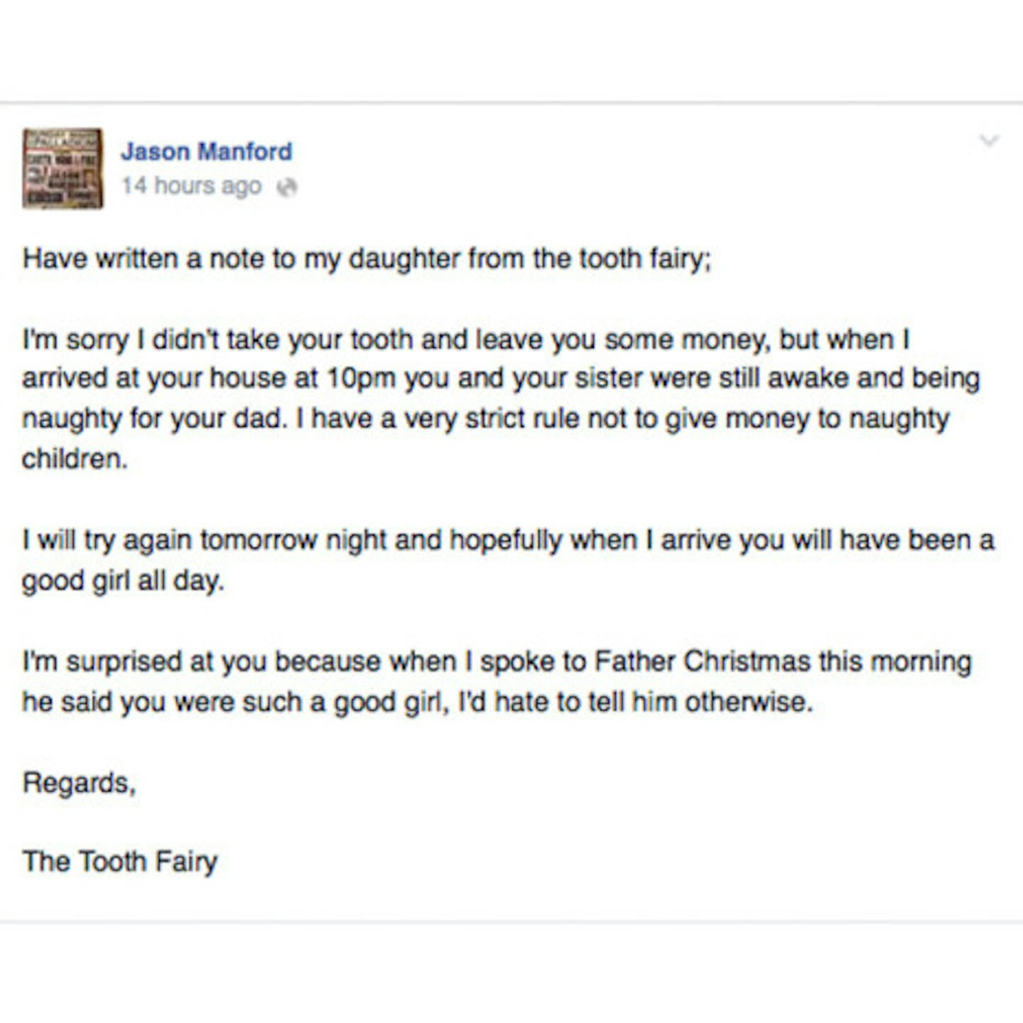 Jason sent this letter to his daughter, posing as the tooth fairy