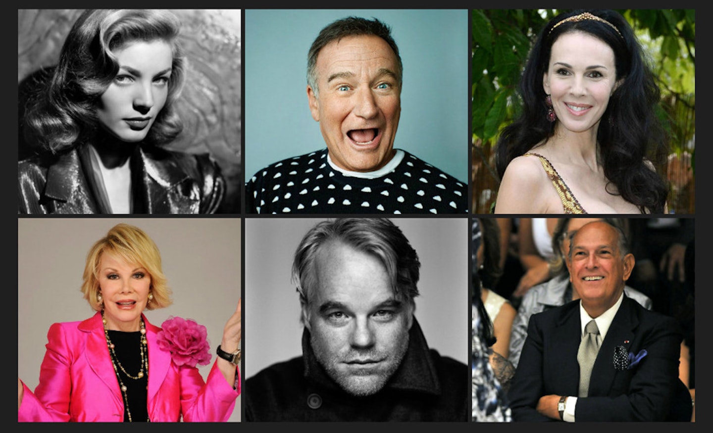 Clockwise from left: Lauren Bacall, Robin Williams, L'Wren Scott, Oscar de la Renta, Philip Seymour Hoffman, Joan Rivers