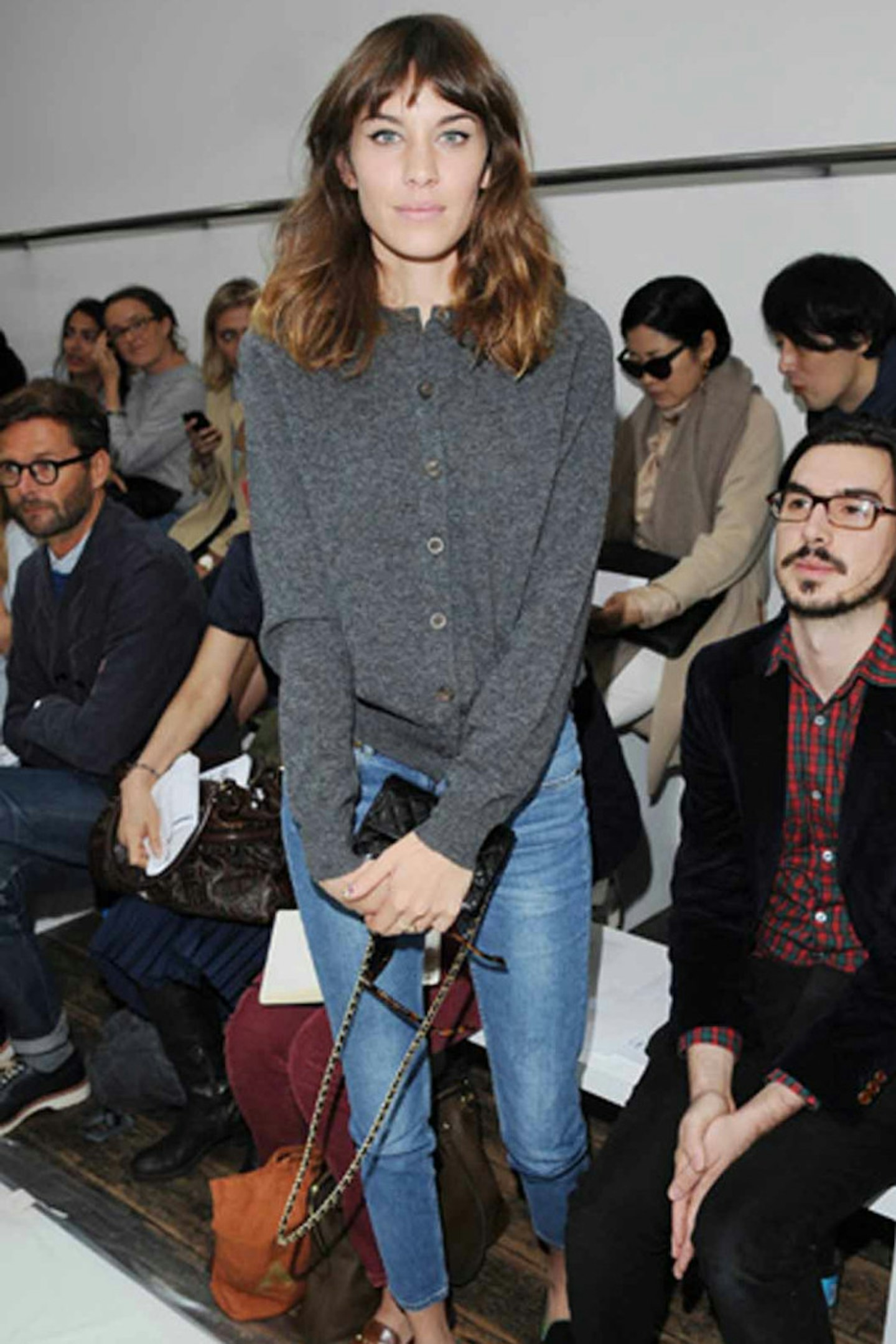 Alexa Chung style london fashion week cardigan denim blue jeans