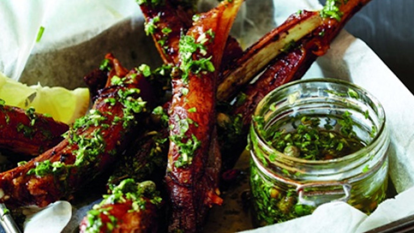 Crispy lamb ribs with herby sauce