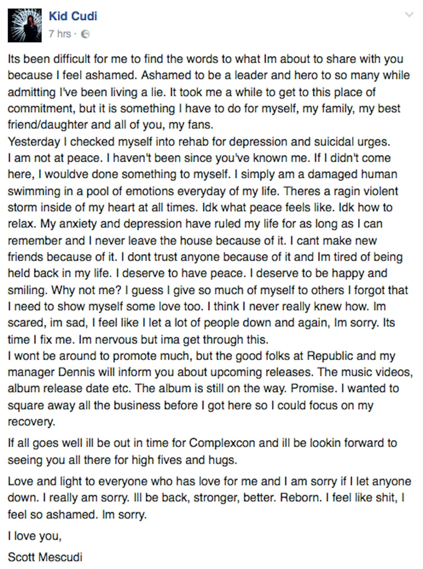 Kid Cudi Depression Letter