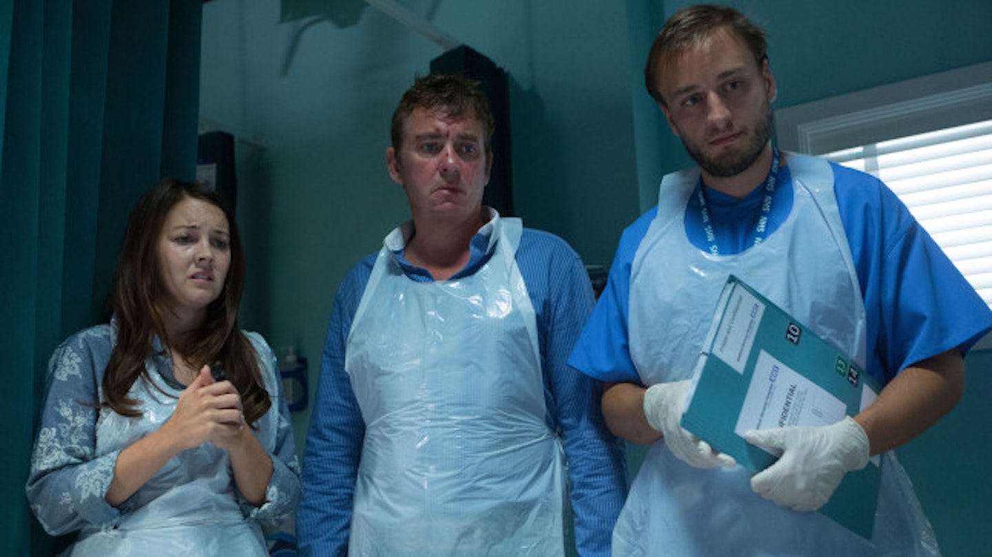 Stacey and Alfie watch as Kat comes to terms with her injuries (via BBC One)