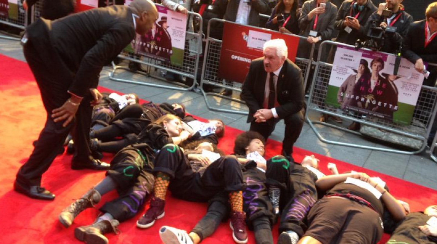 The spirit of the suffragettes was alive at the premiere as feminist protesters took over the red carpet