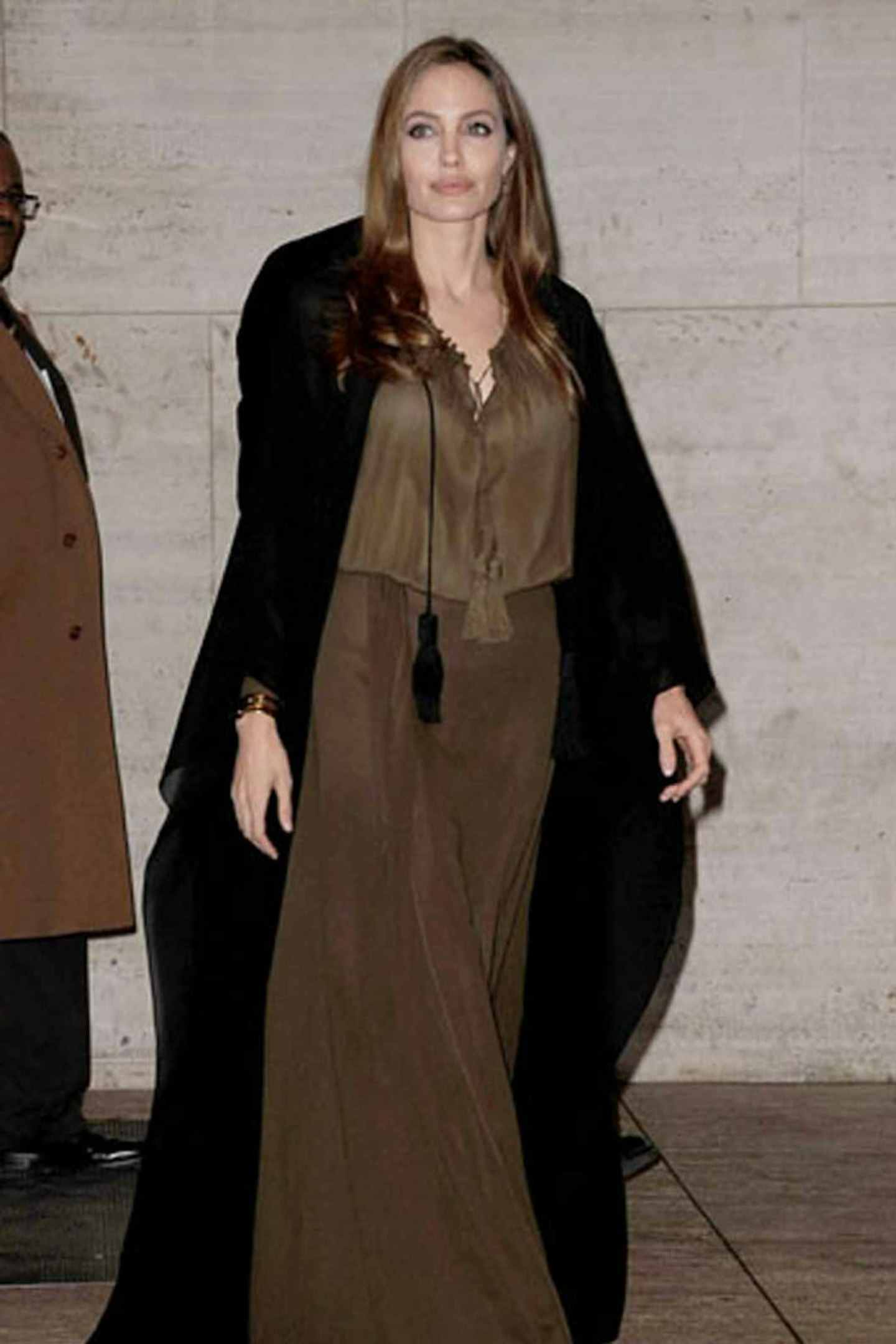 Angelina Jolie style saint laurent khaki maxi dress black jacket