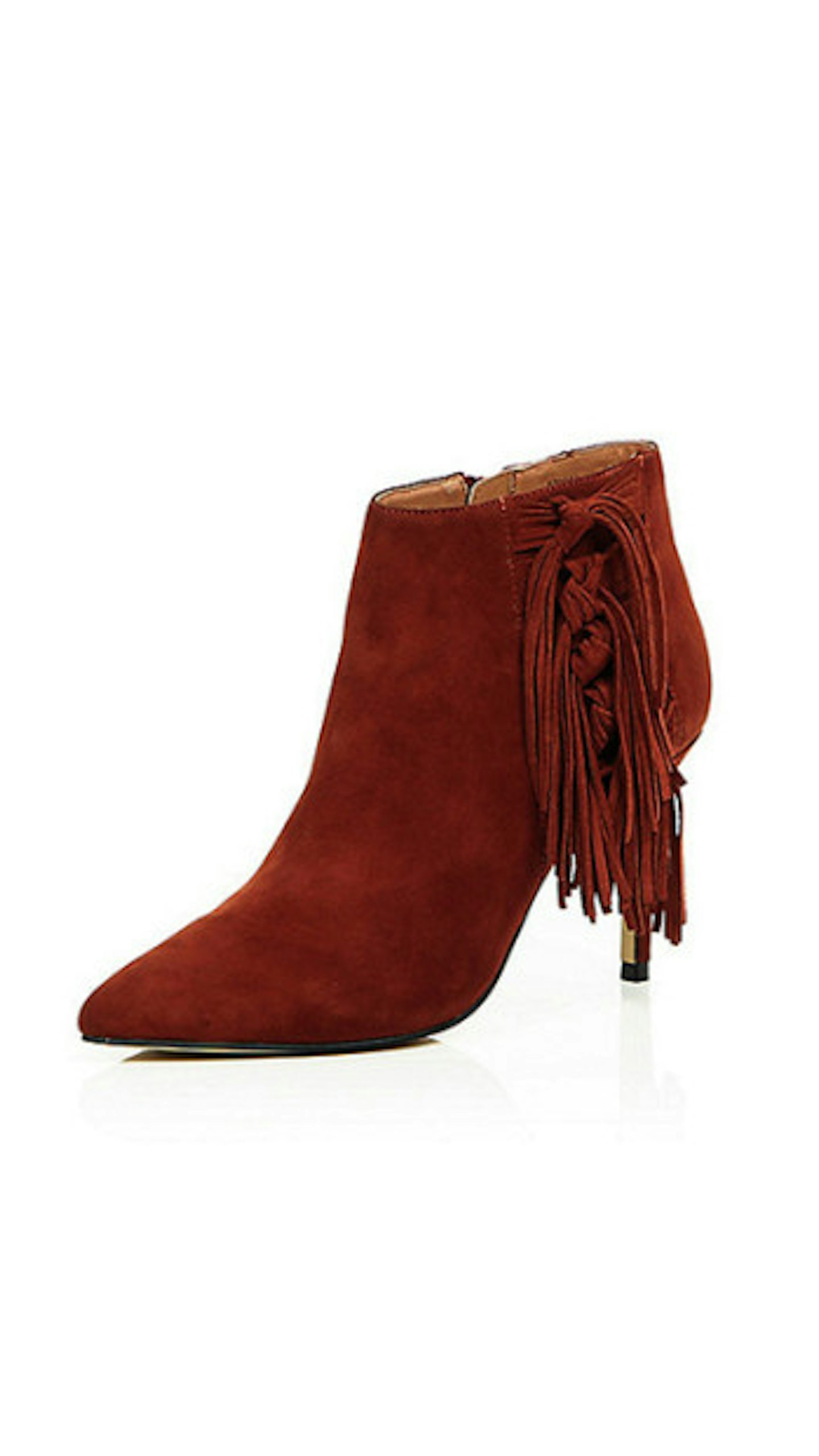 Brown suede fringed heeled boots, £70