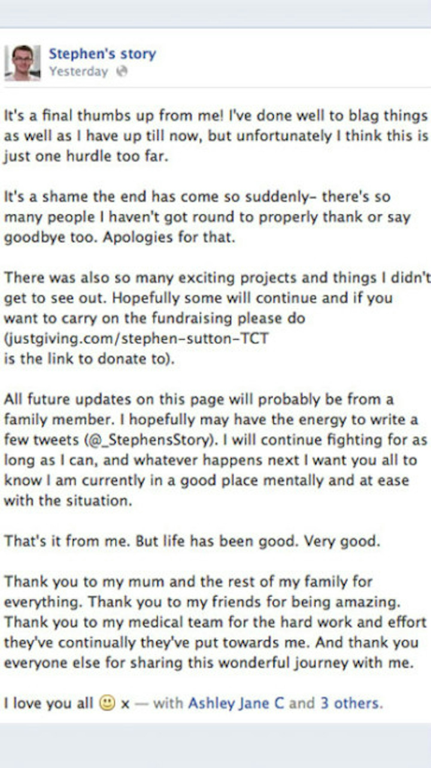 Via Facebook / Stephen's Story