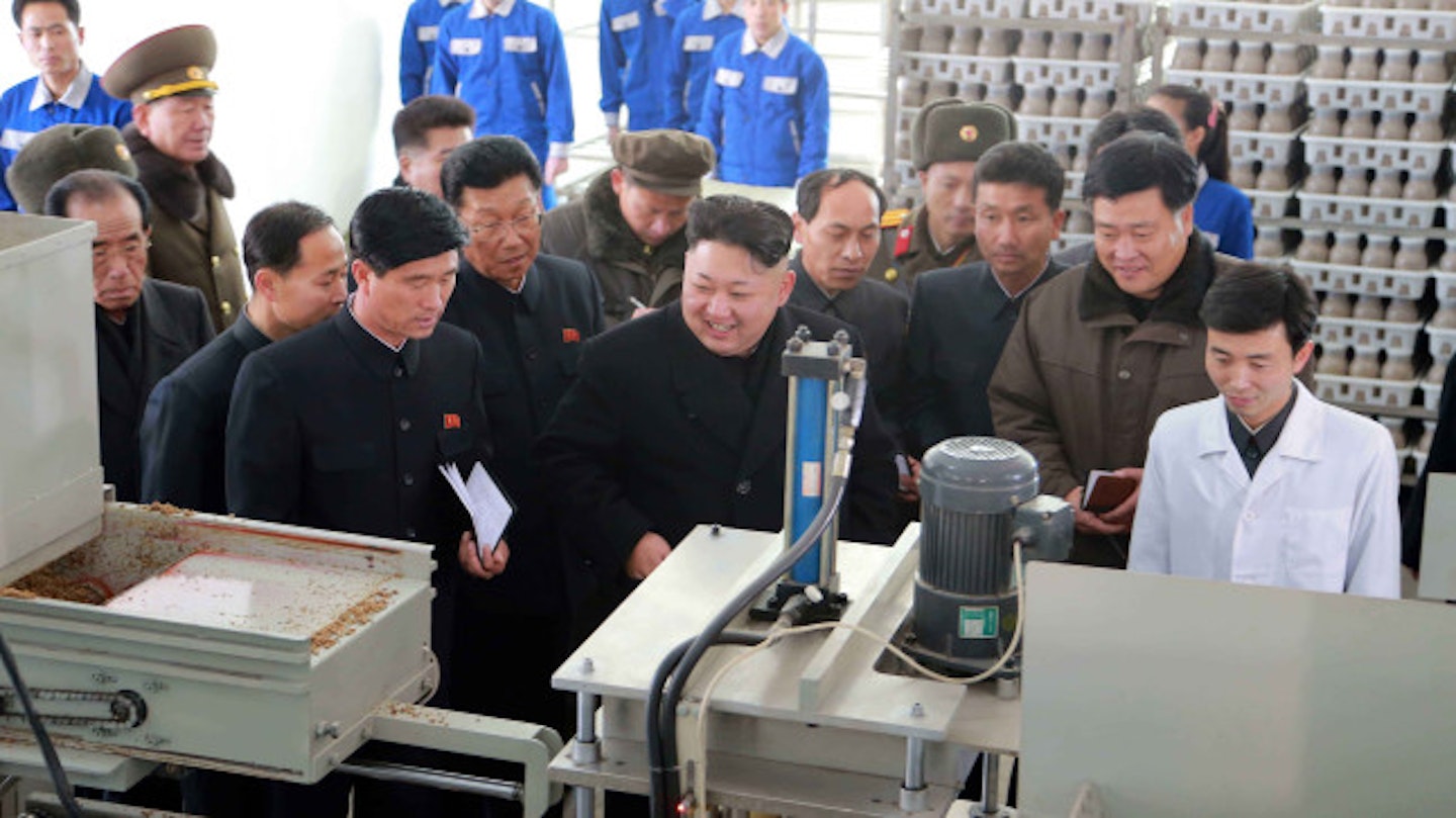 Kim Jong Un, supreme leader of the Democratic People's Republic of Korea (DPRK), inspects a newly-built Pyongyang City Mushroom Farm