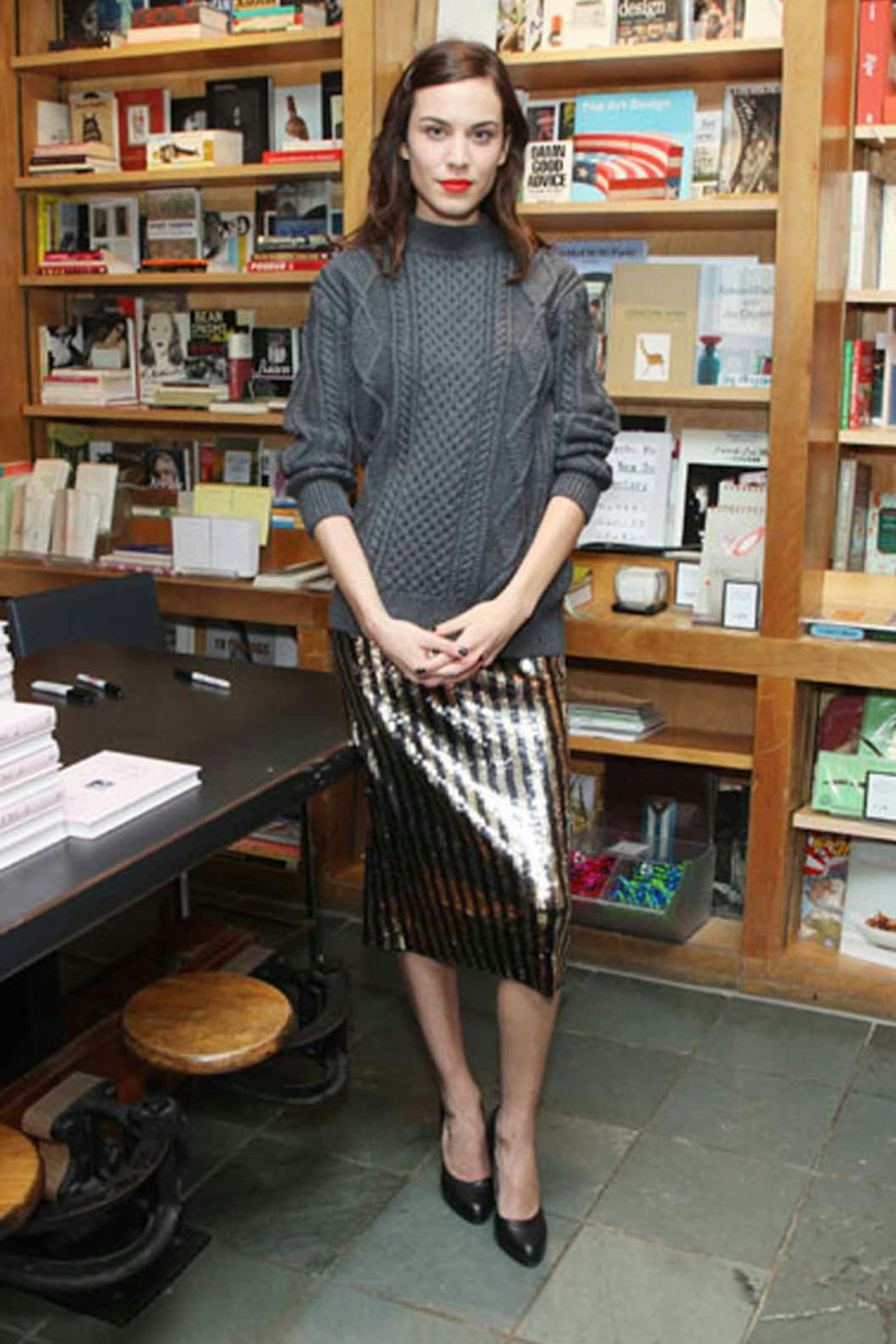 Alexa Chung style grey cable knit jumper striped skirt