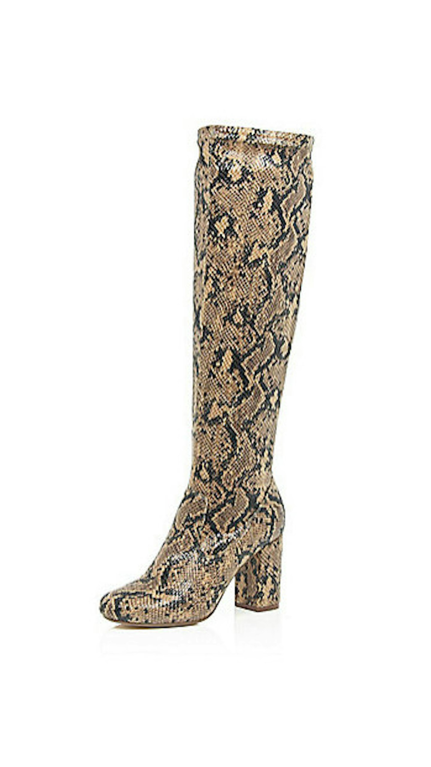 Beige snake print heeled knee high boots, £75