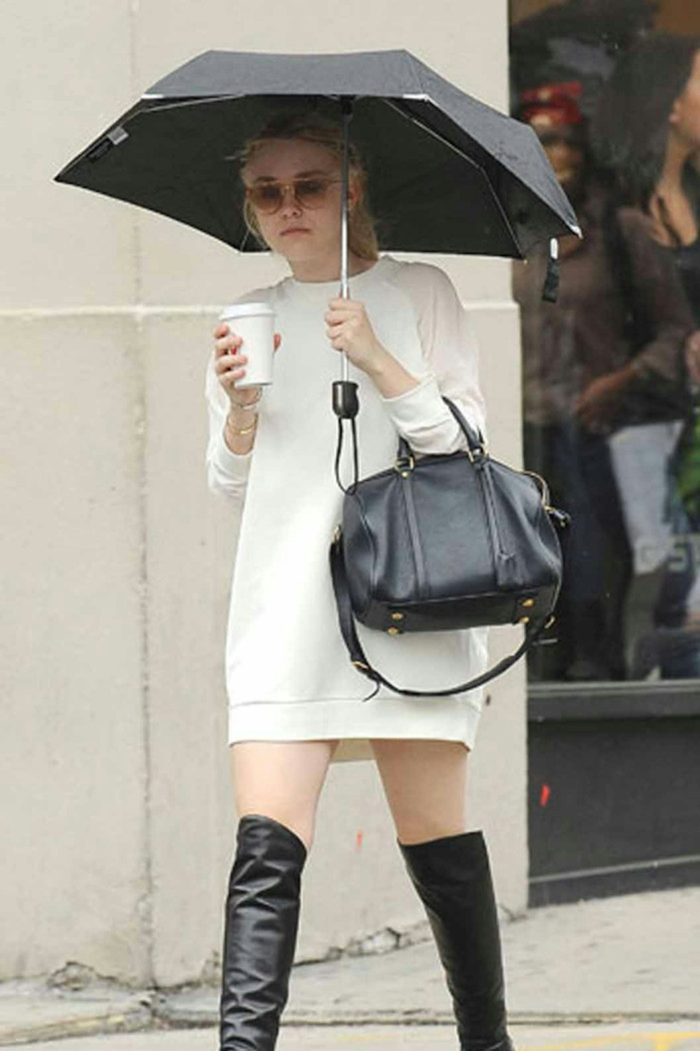 Dakota Fanning style white jumper dress black boots