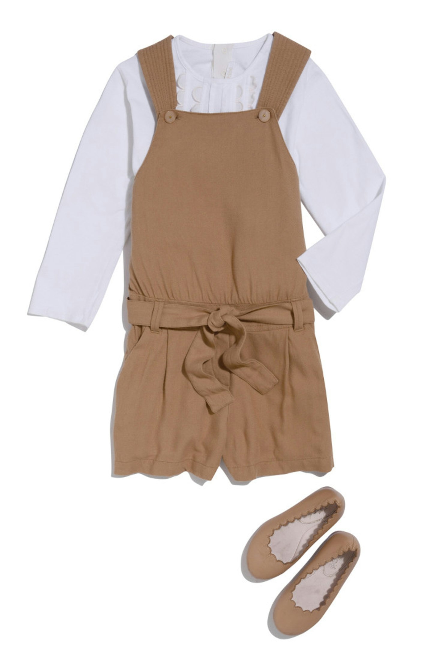 Chloe brown playsuit paired with a Chloe white ruffle top and Chloe brown pumps