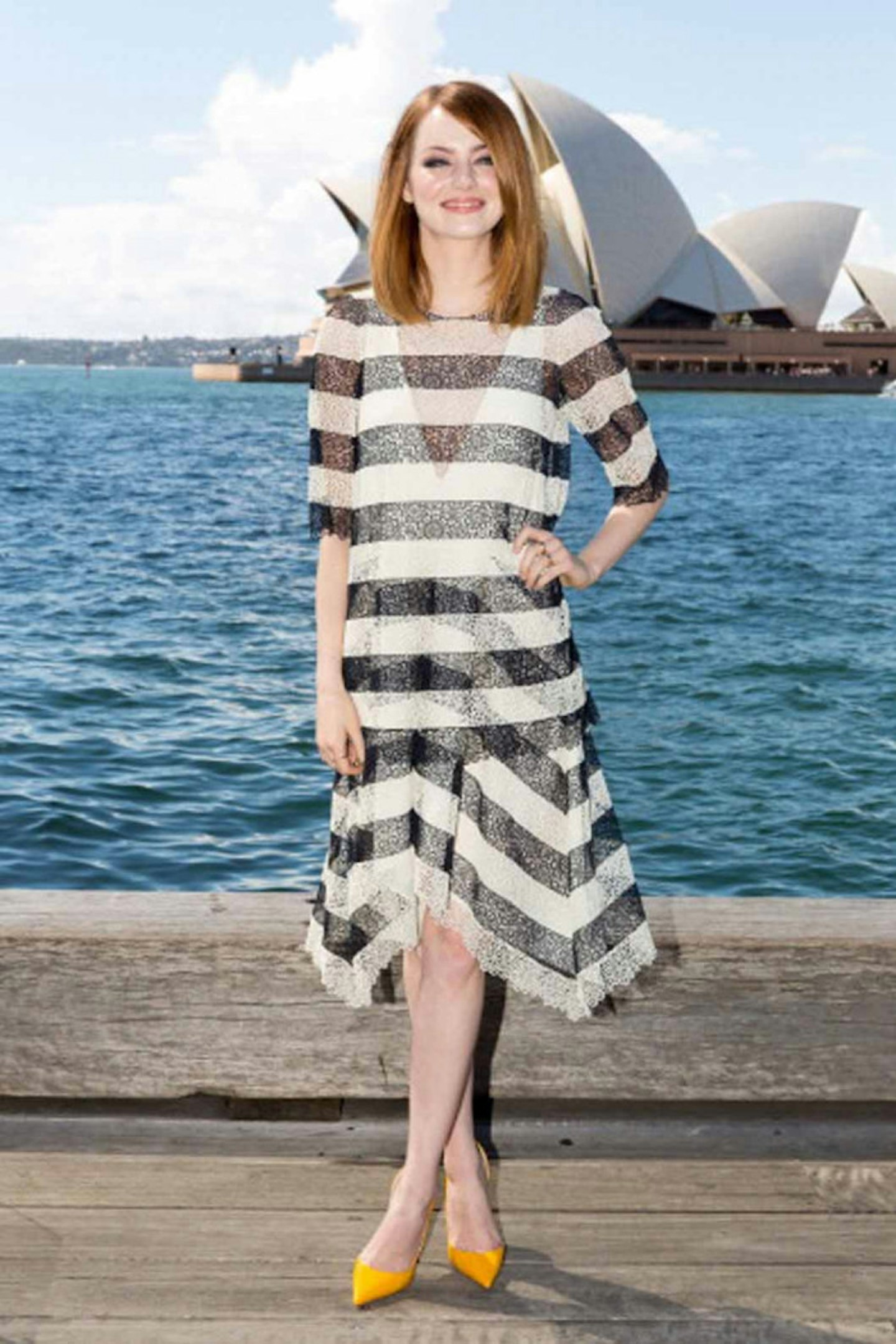 Emma Stone style spiderman striped dress black and white yellow shoes