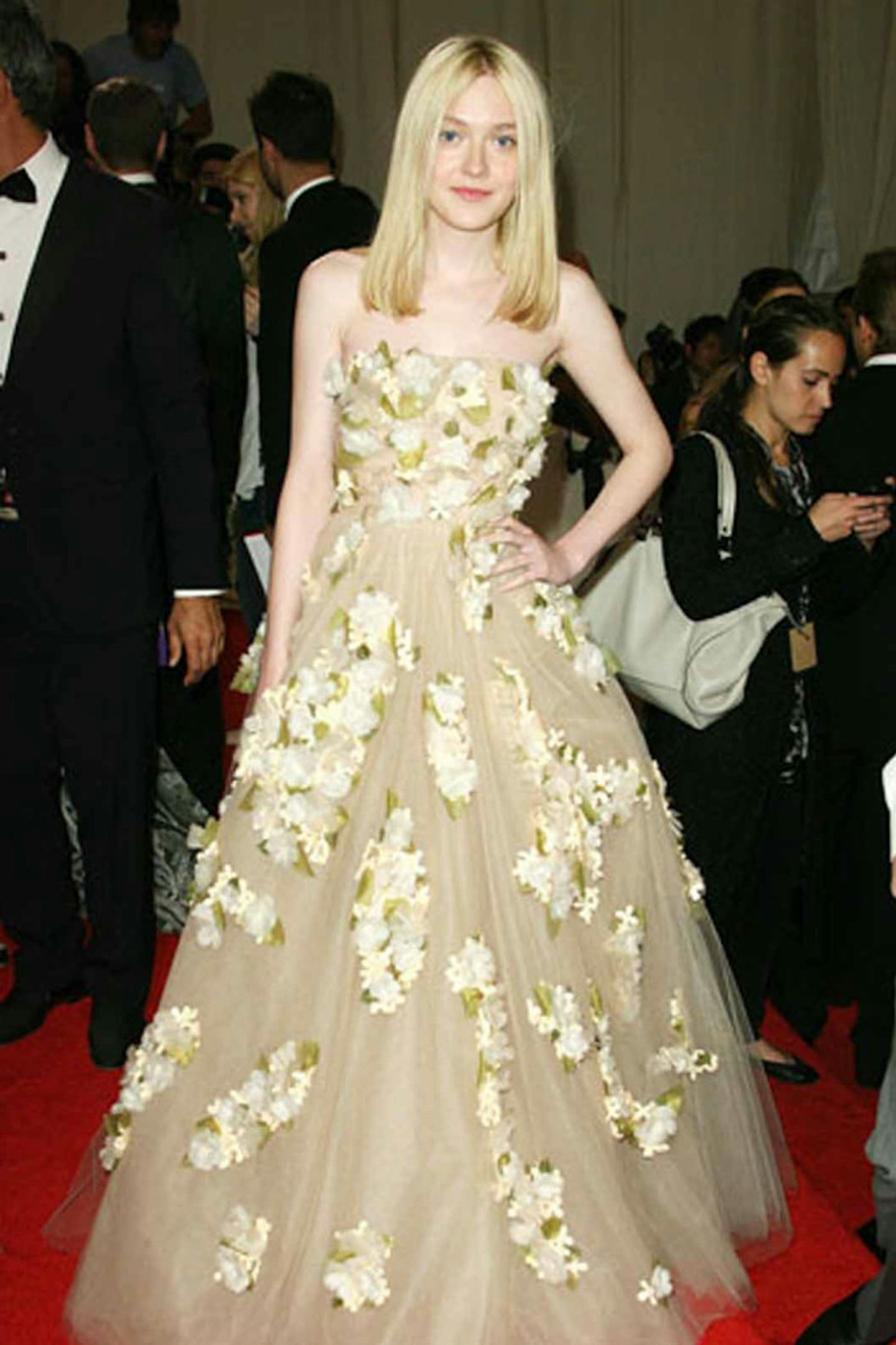 Dakota Fanning style gold floral dress valentino