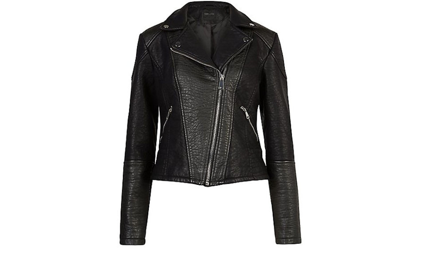 From New Look: Black Leather-Look Textured Biker Jacket, £44.99.