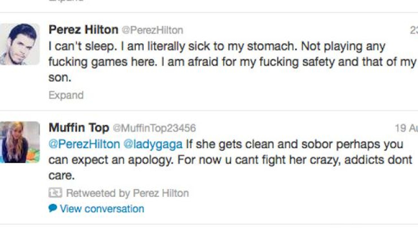 Perez retweeted a message directed at Gaga, which appeared to call her an addict