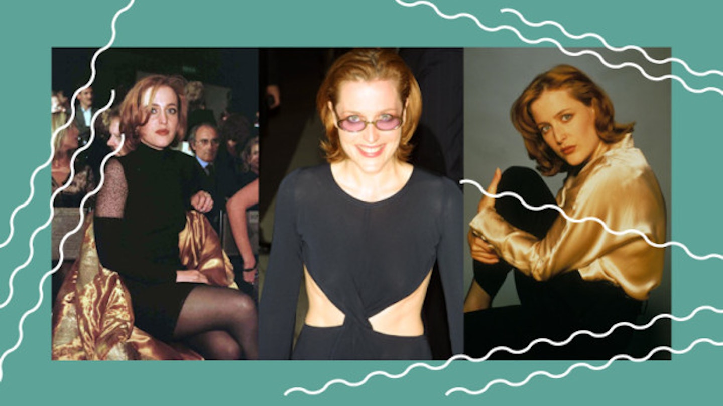 gillian anderson 90s dress Great Outfits in Fashion History: Gillian Anderson in Vampy Herv Leger