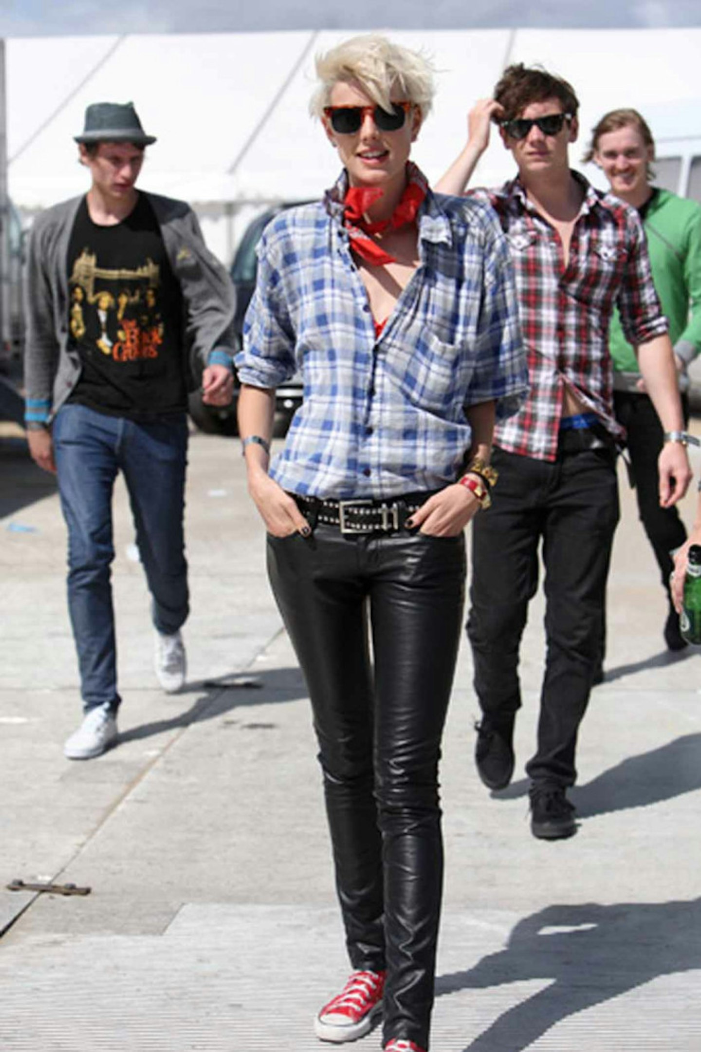 Agyness Deyn style checkered shirt necktie leather trousers