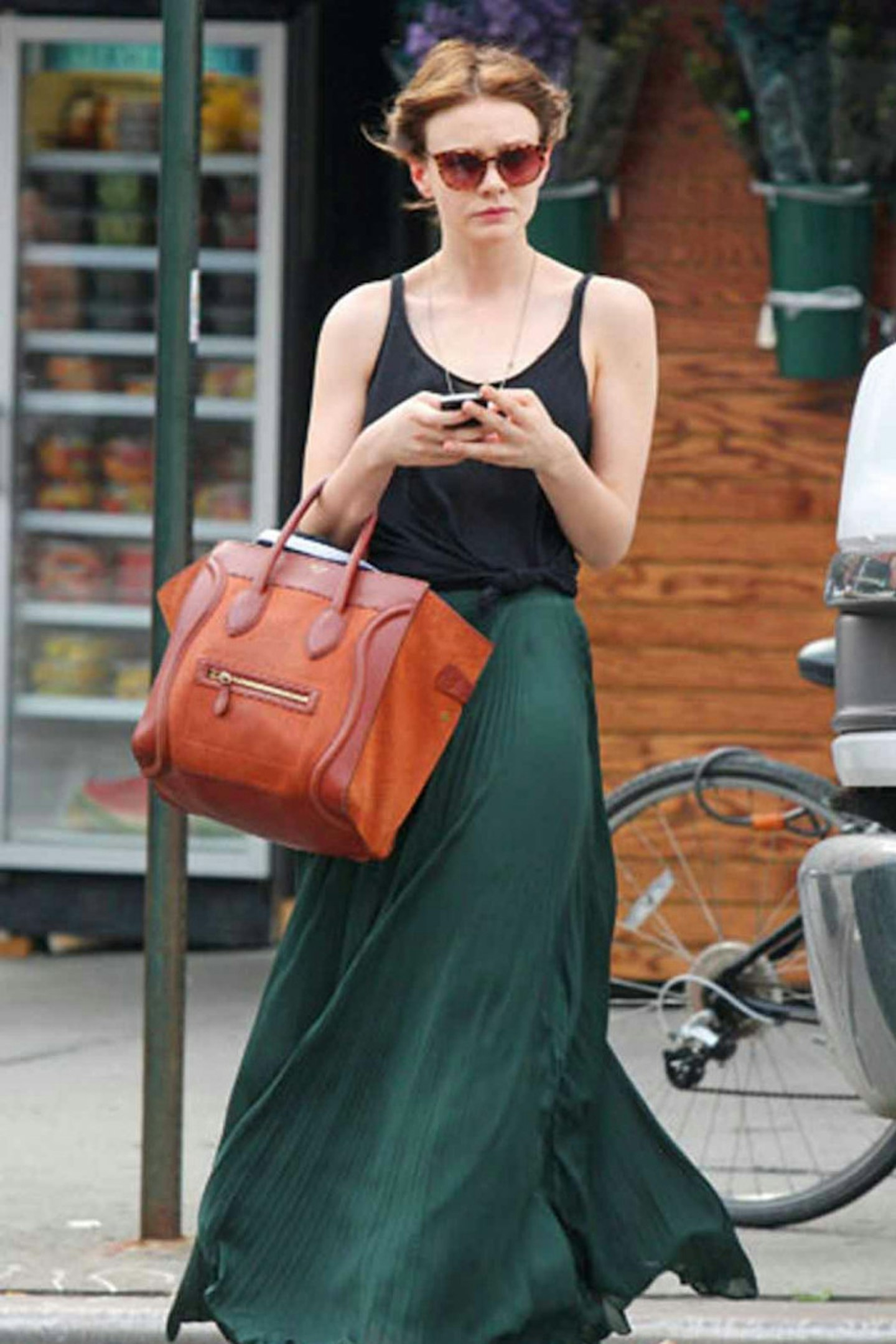 Carey Mulligan style new york green maxi skirt