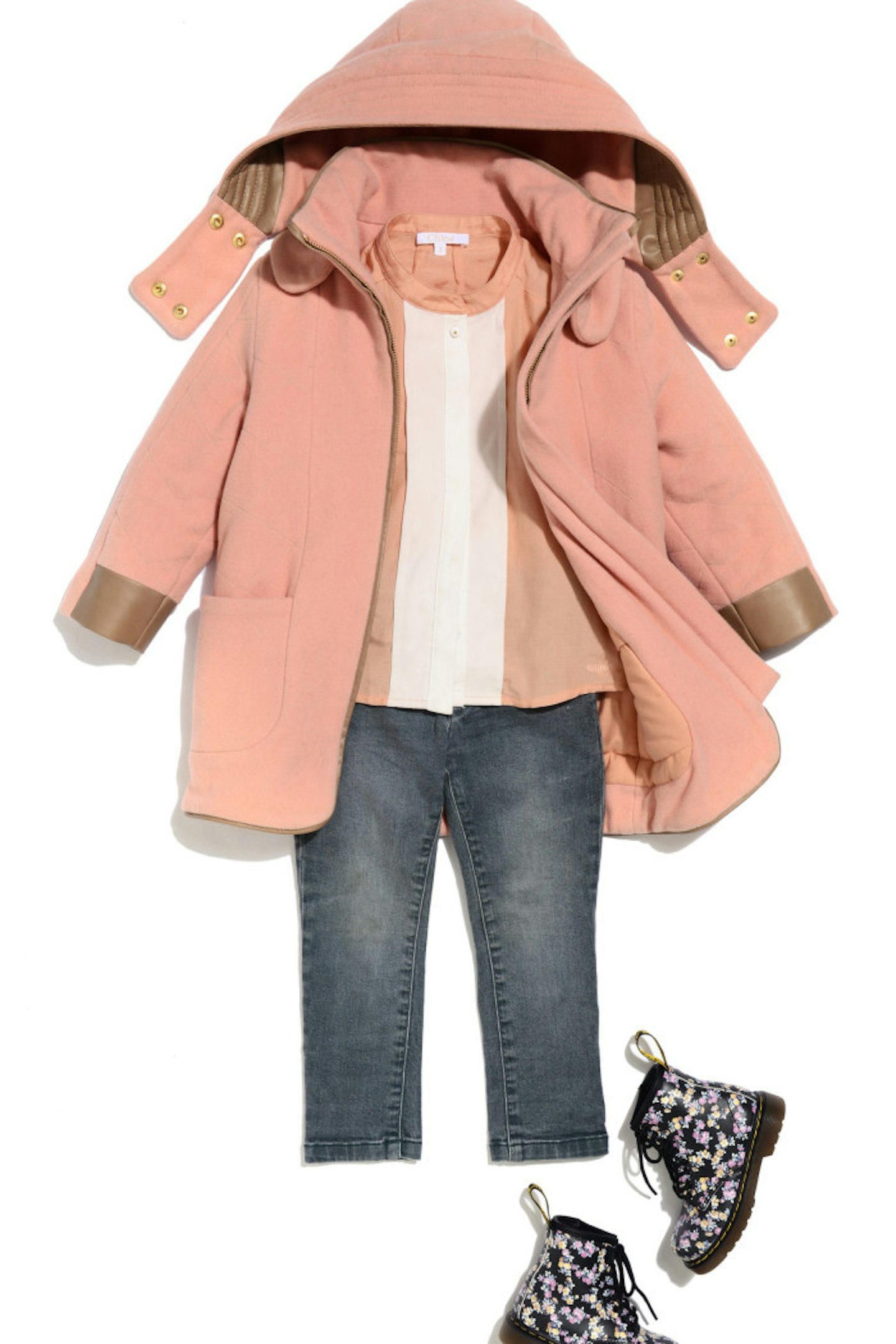 Bonpoint jeans with a Chloe peach/white collarless shirt, Chloe peach coat and Flower Doc Martens