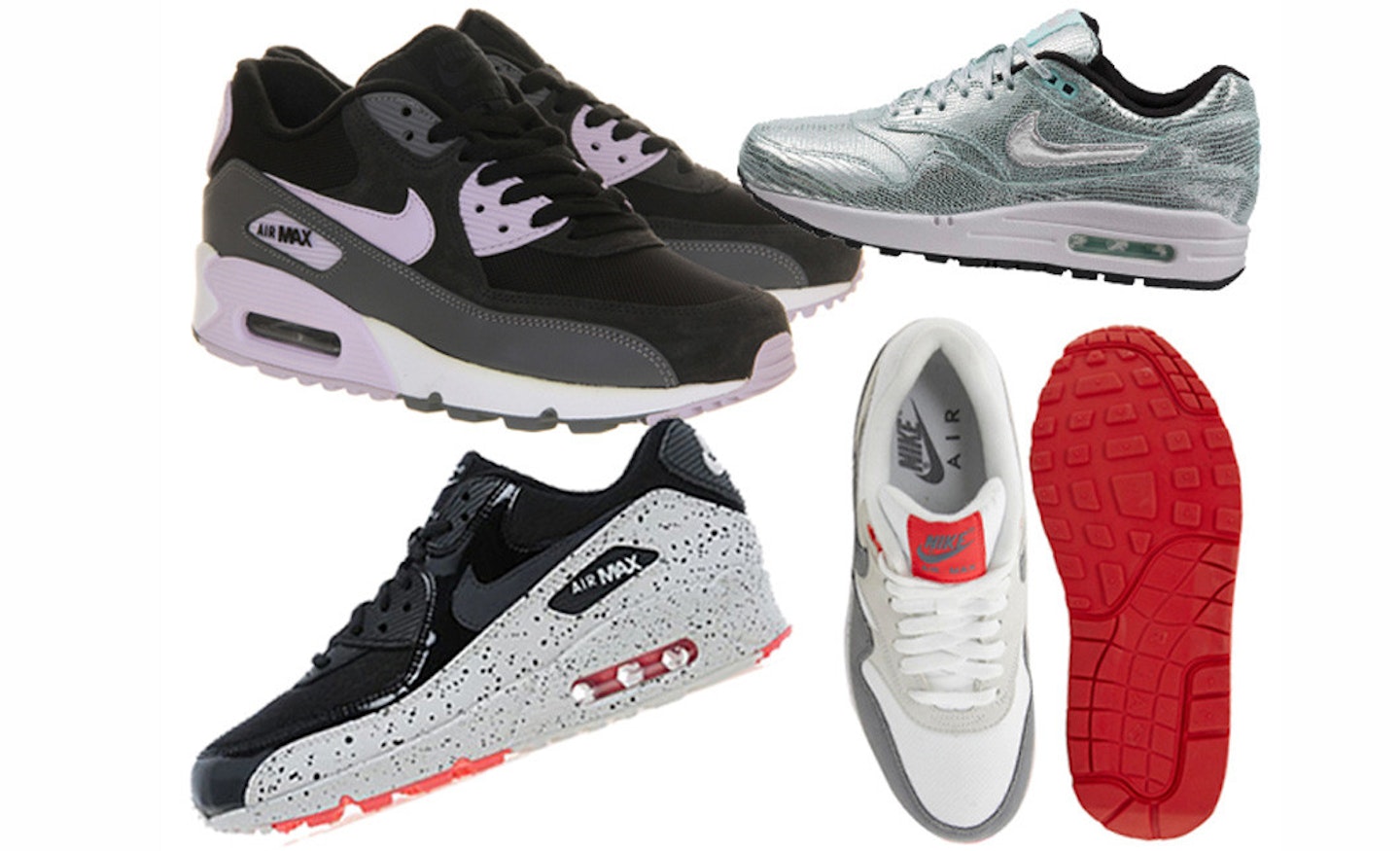Our faves that you can buy now to celebrate, clockwise from top left: Lilac & Grey, £96.99 at Office; Metallic aquamarine, £139 at Nike Grey & red, £95 at Asos; Speckled grey, £95 at JD Sports.