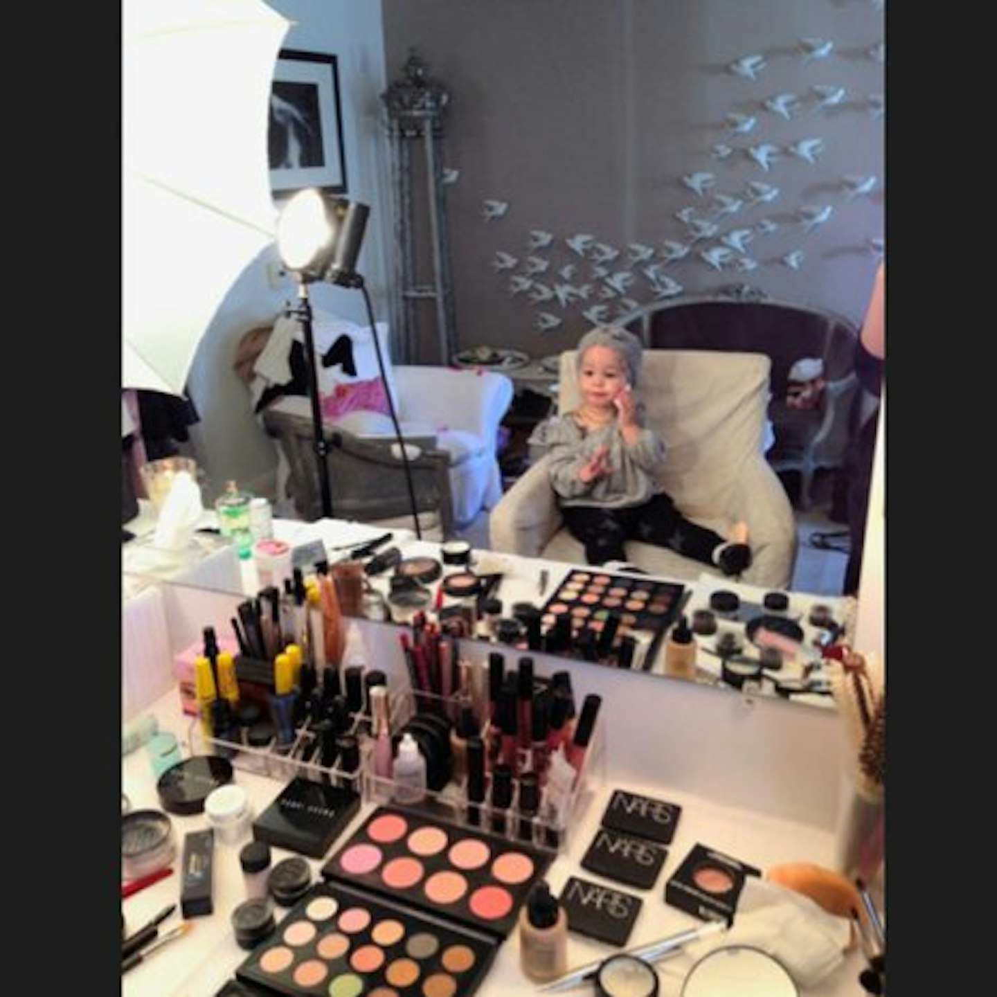 Pearl Osbourne strikes a pose in granny's dressing room