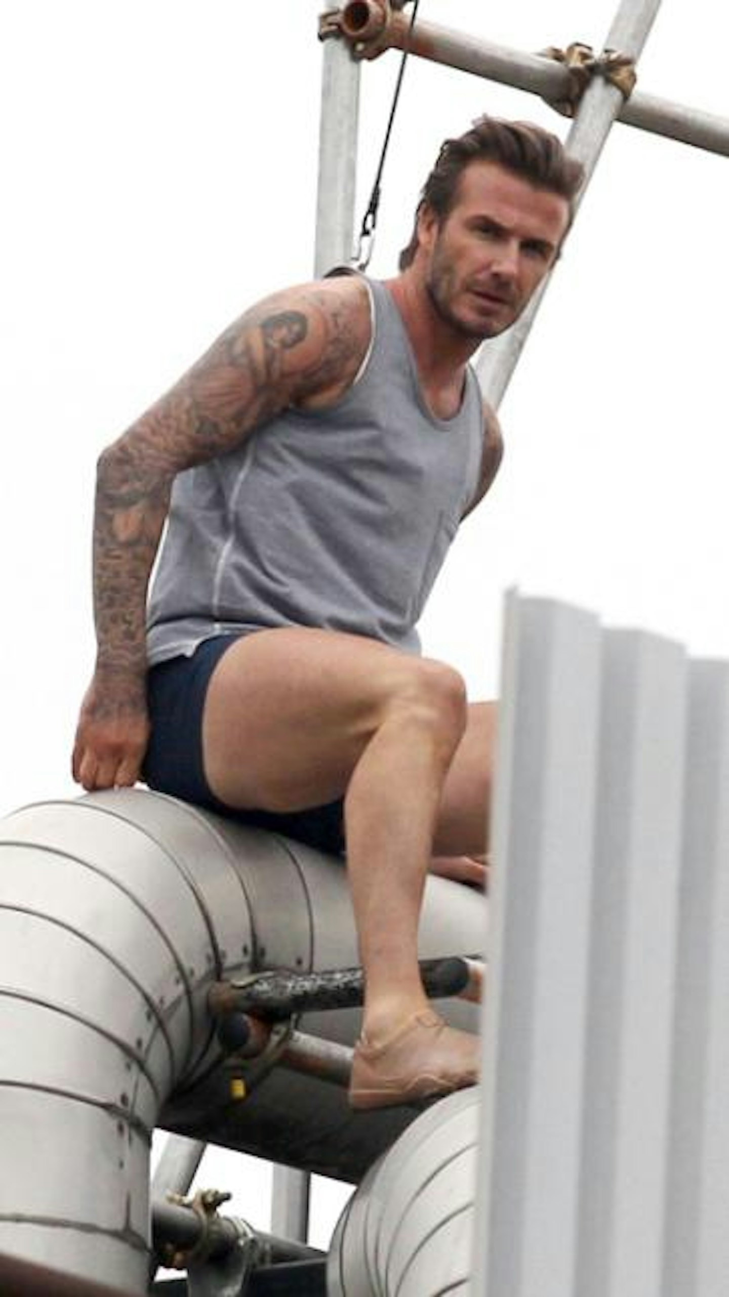 David Beckham on the top of the Old Truman Brewery in East London yesterday