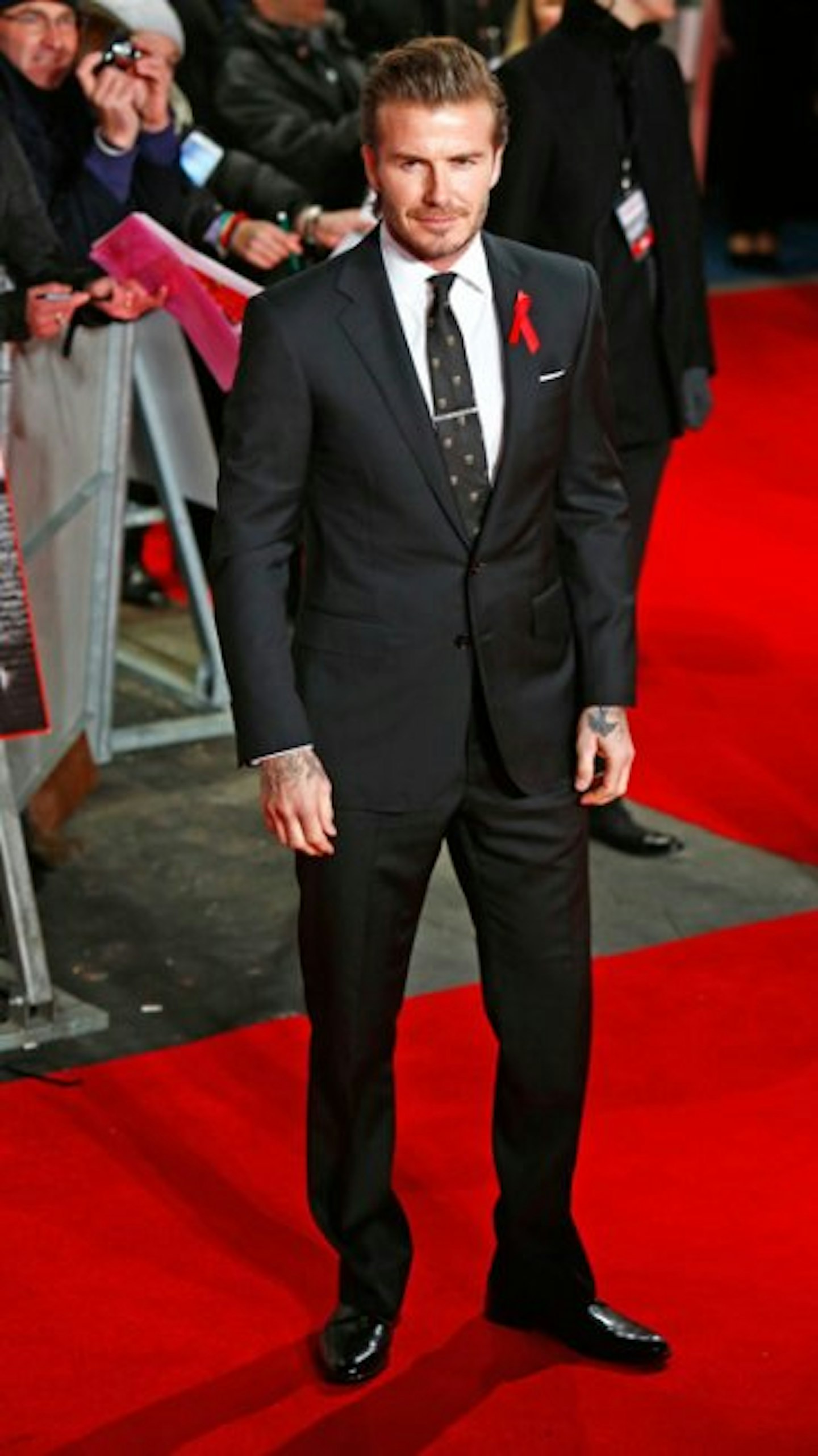 David was dressed in a dapper black suit and tie for last night's premiere