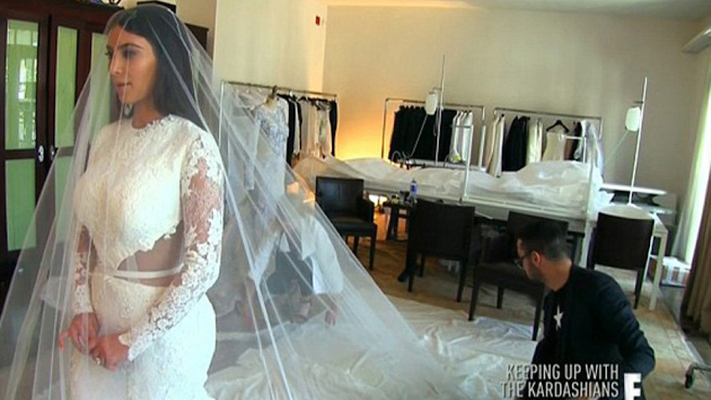 kim kardashian wedding dress fitting Kim Kardashian Custom Lace Tulle Ruffled Mermaid Wedding Dress in 2011