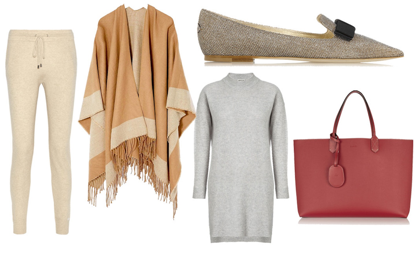 Cashmere Trousers £280 by Banjo & Matilda    Cape £25 by Asos    Whistles £95    Pointed Shoes £375 by Jimmy Choo    Red tote by £785 by Gucci