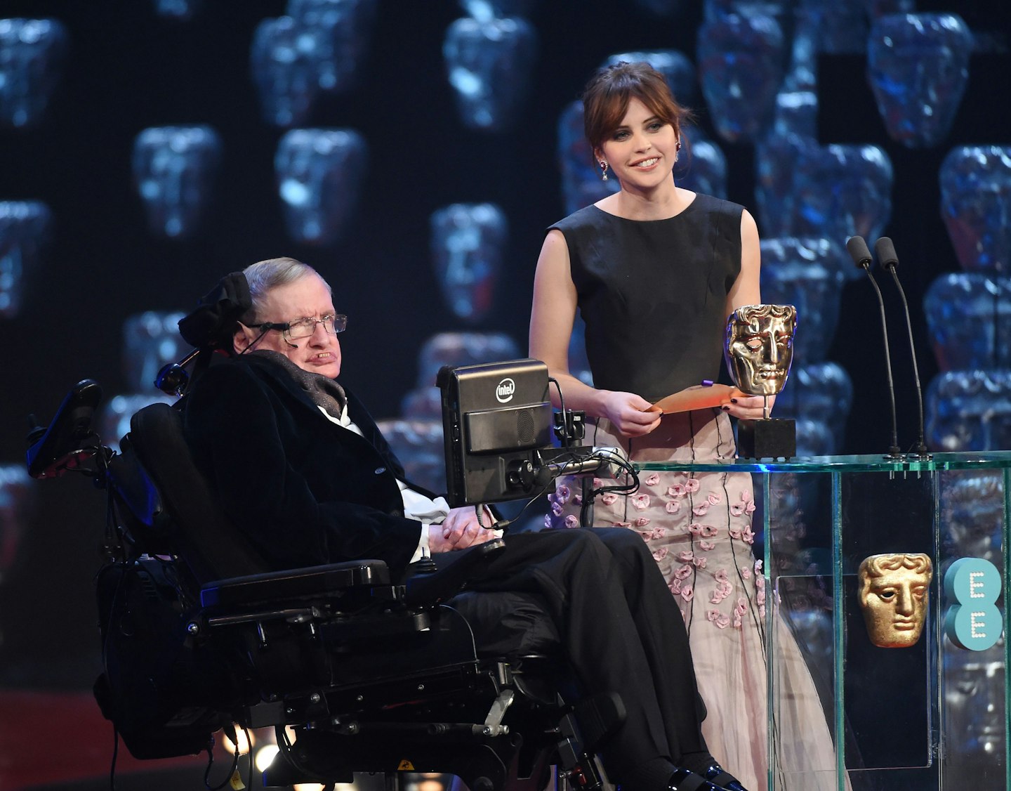 Stephen Hawking on stage with Felicity Jones at the BAFTAs [Rex]