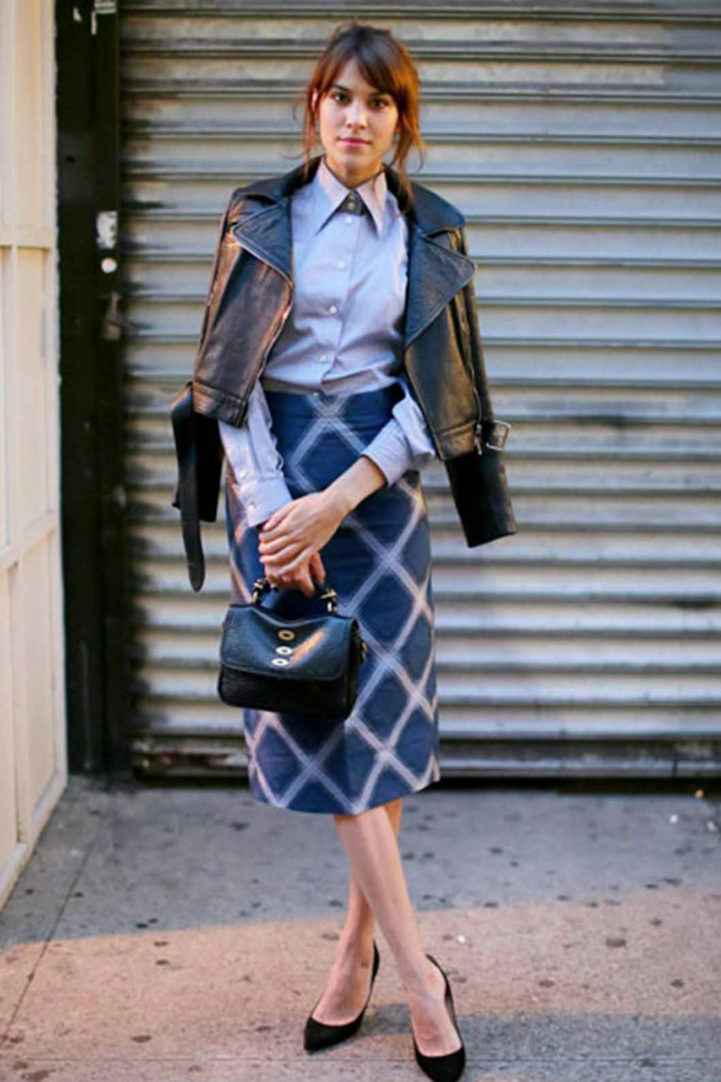 Alexa Chung style leather jacket blue shirt patterned skirt
