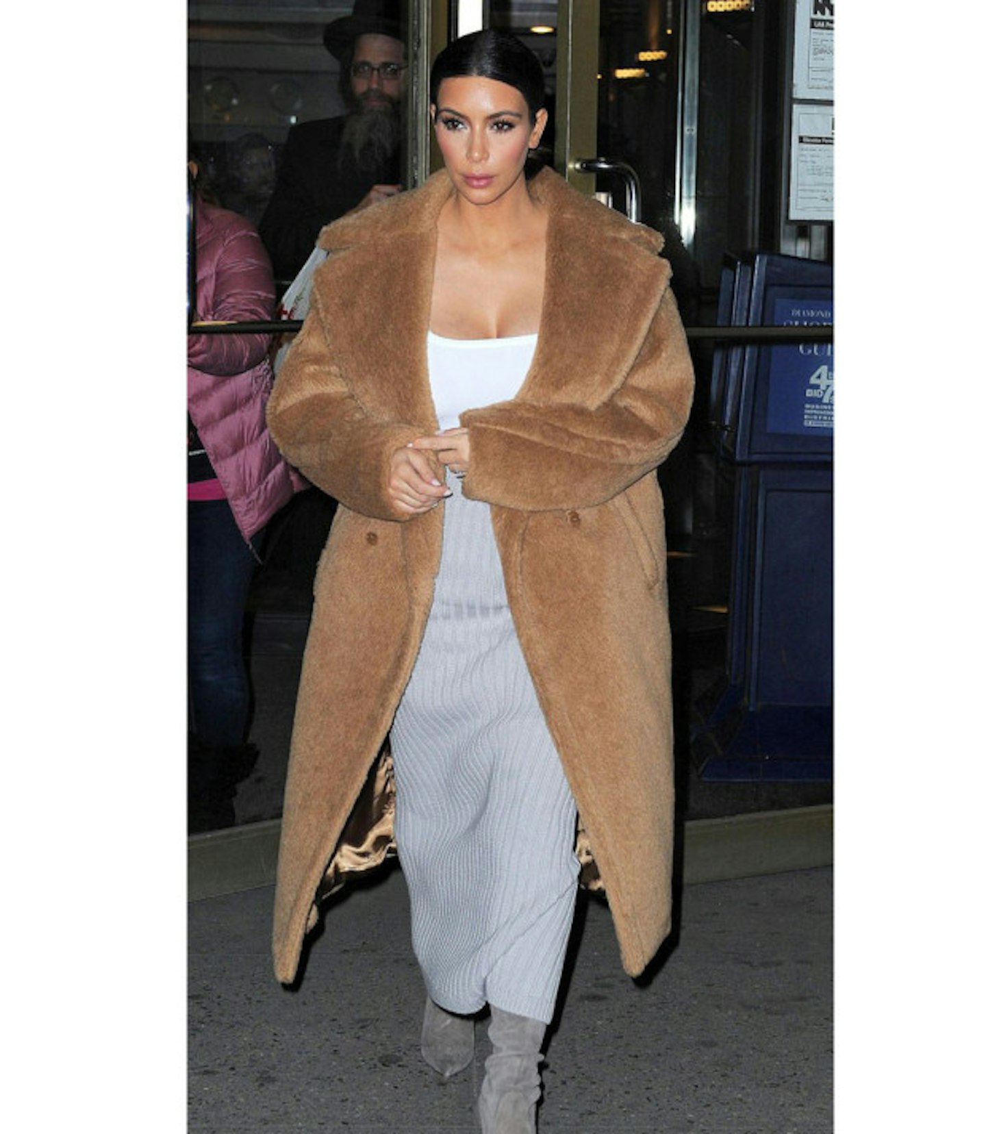 kim-kardashian-fashion-disaster-brown-coat-grey-ribbed-dress