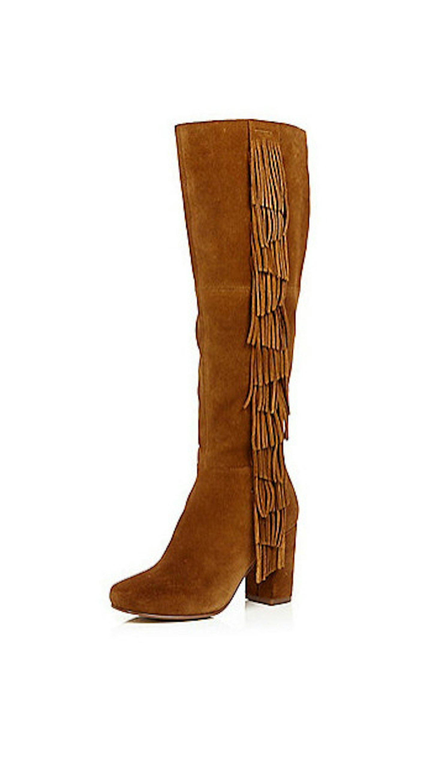 Brown suede fringed knee high heeled boots, £95