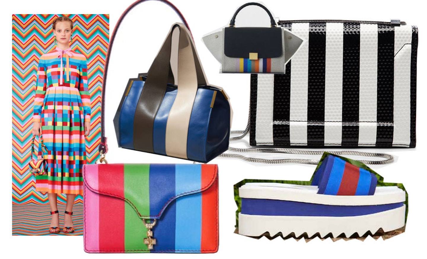 FROM LEFT: Striped dress, Valentino; Shoulder bag, Valentino; Blue bag, Chloe; Black and stripe bag, Celine; Monochrome bag, 3.1. Phillip Lim and Flatforms, Stella McCartney