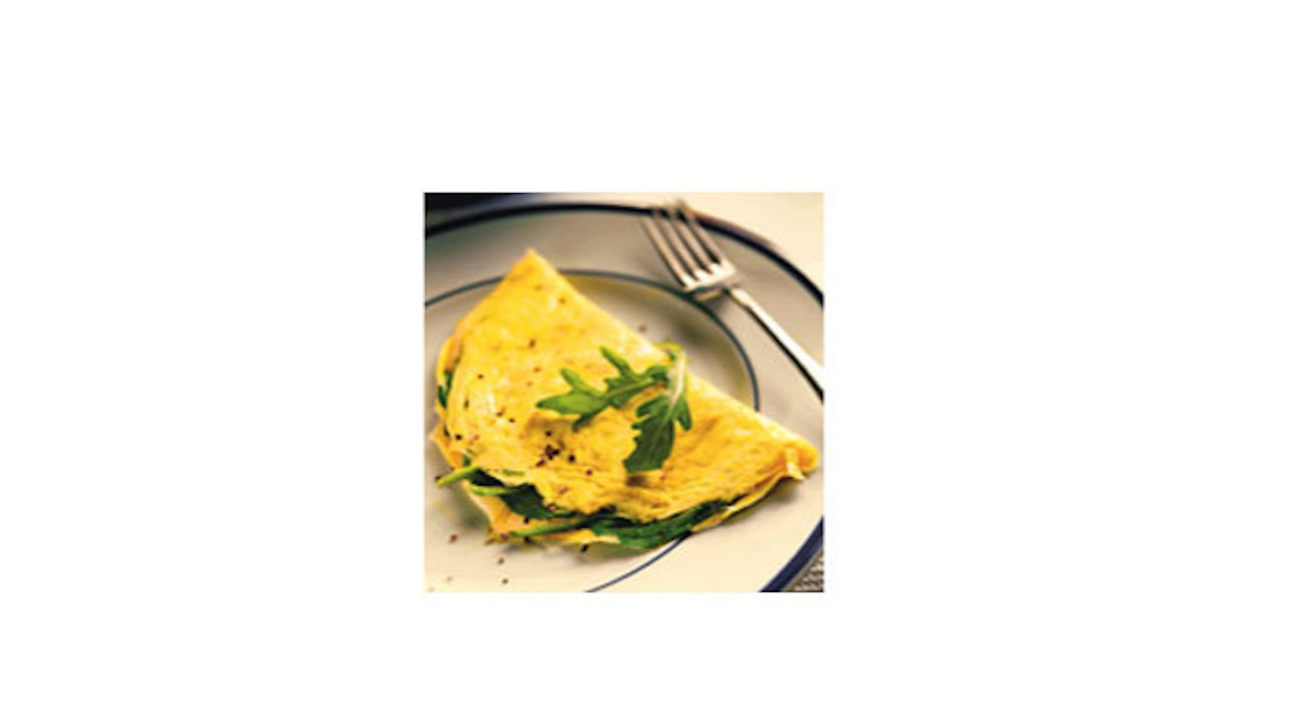 BABY SPINACH OMELETTE  (186 kcal. Serves 1) Ingredients - 2 eggs, 1 cup torn baby spinach leaves, 1 1/2 tablespoons grated Parmesan cheese, 1/4 teaspoon onion powder, 1/8 teaspoon ground nutmeg and salt and pepper to taste.