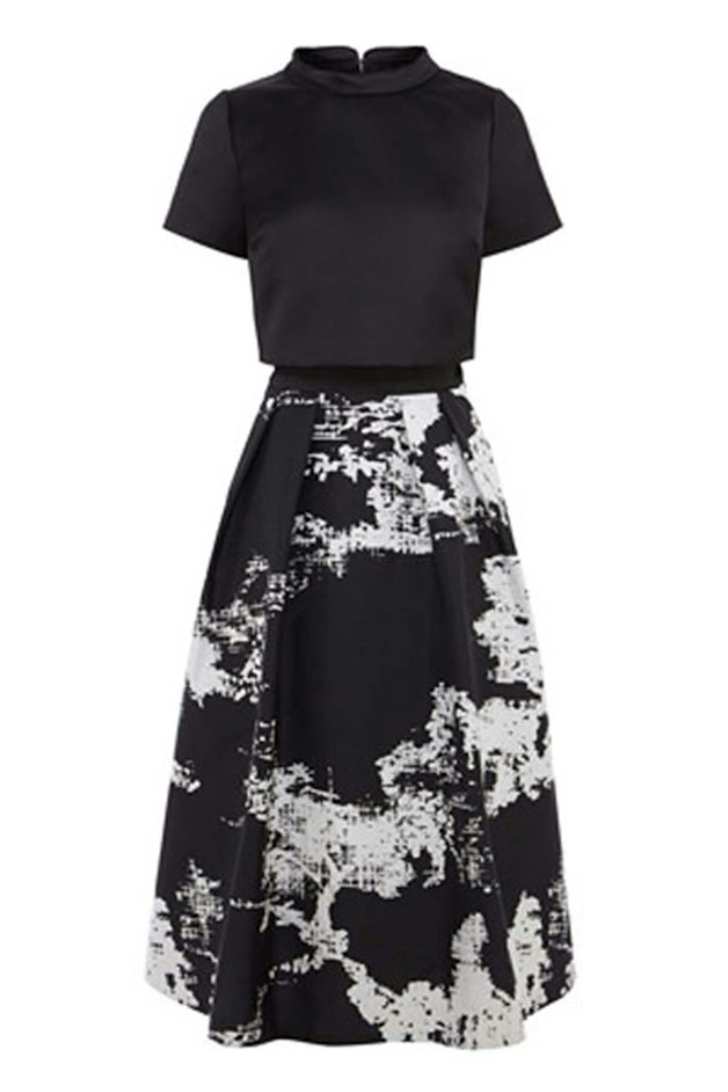 Monochromed printed dress with A-line skirt and black crop top overlay, £195, Coast