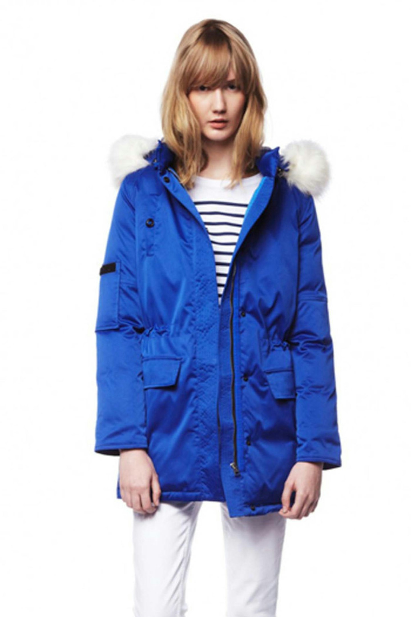 46. Blue fur hood puffa jacket, £559, Claudie Pierlot