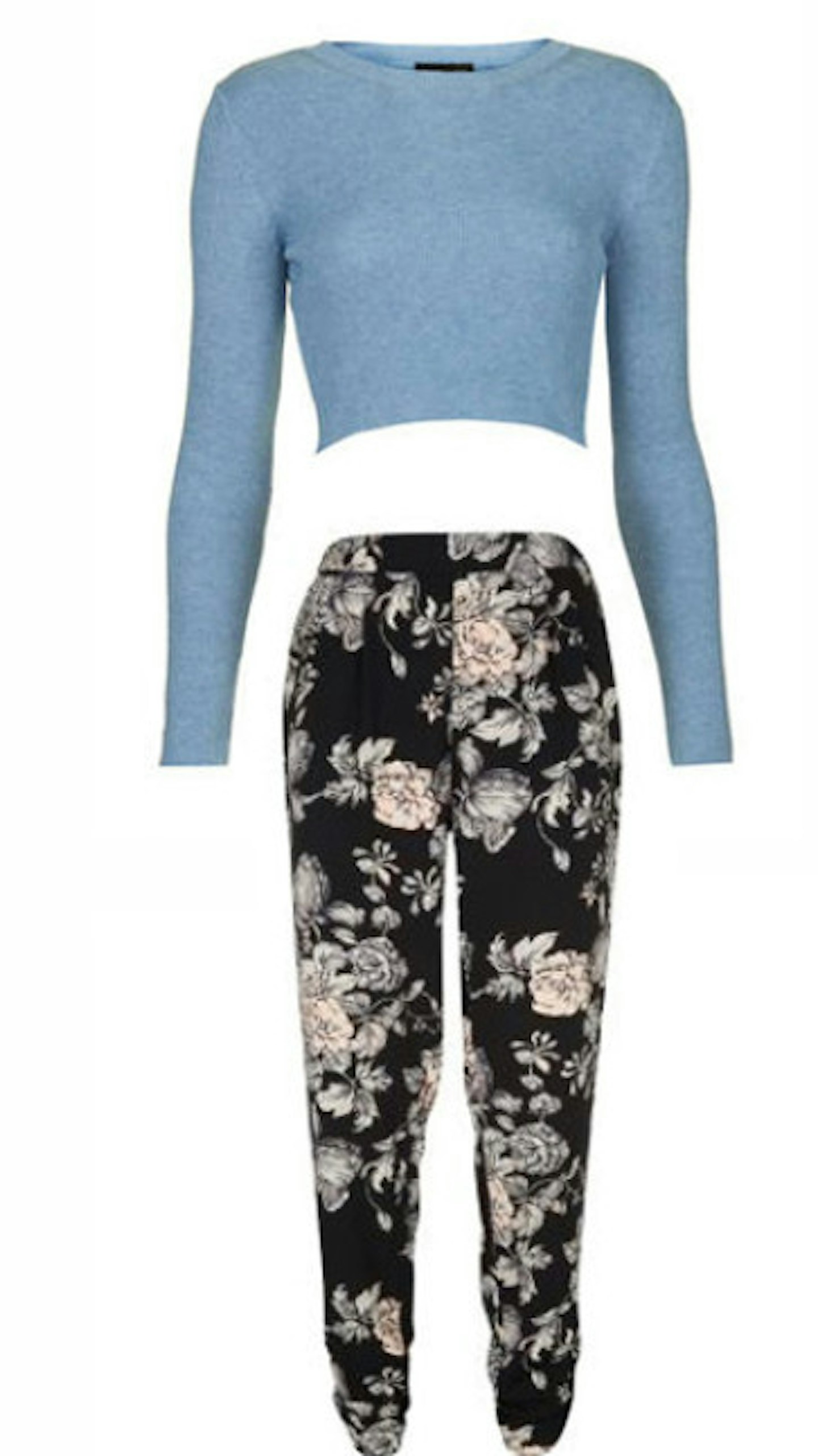 Rib Crop Top £26 TopshopBlack Floral Print Slim Leg Trousers £19.99 New Look