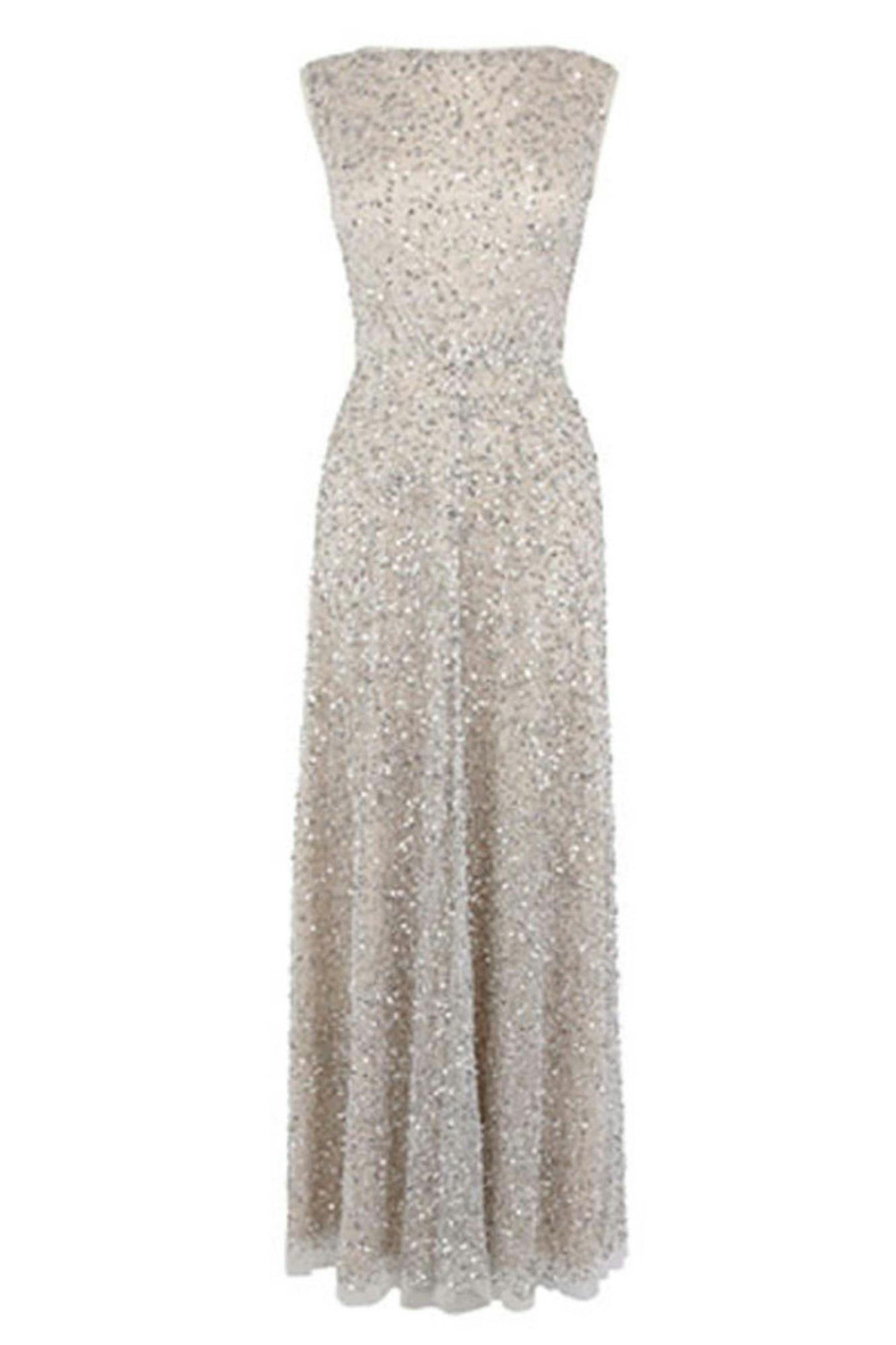 Demure cream maxi evening dress with silver sequin detail, £350, Coast