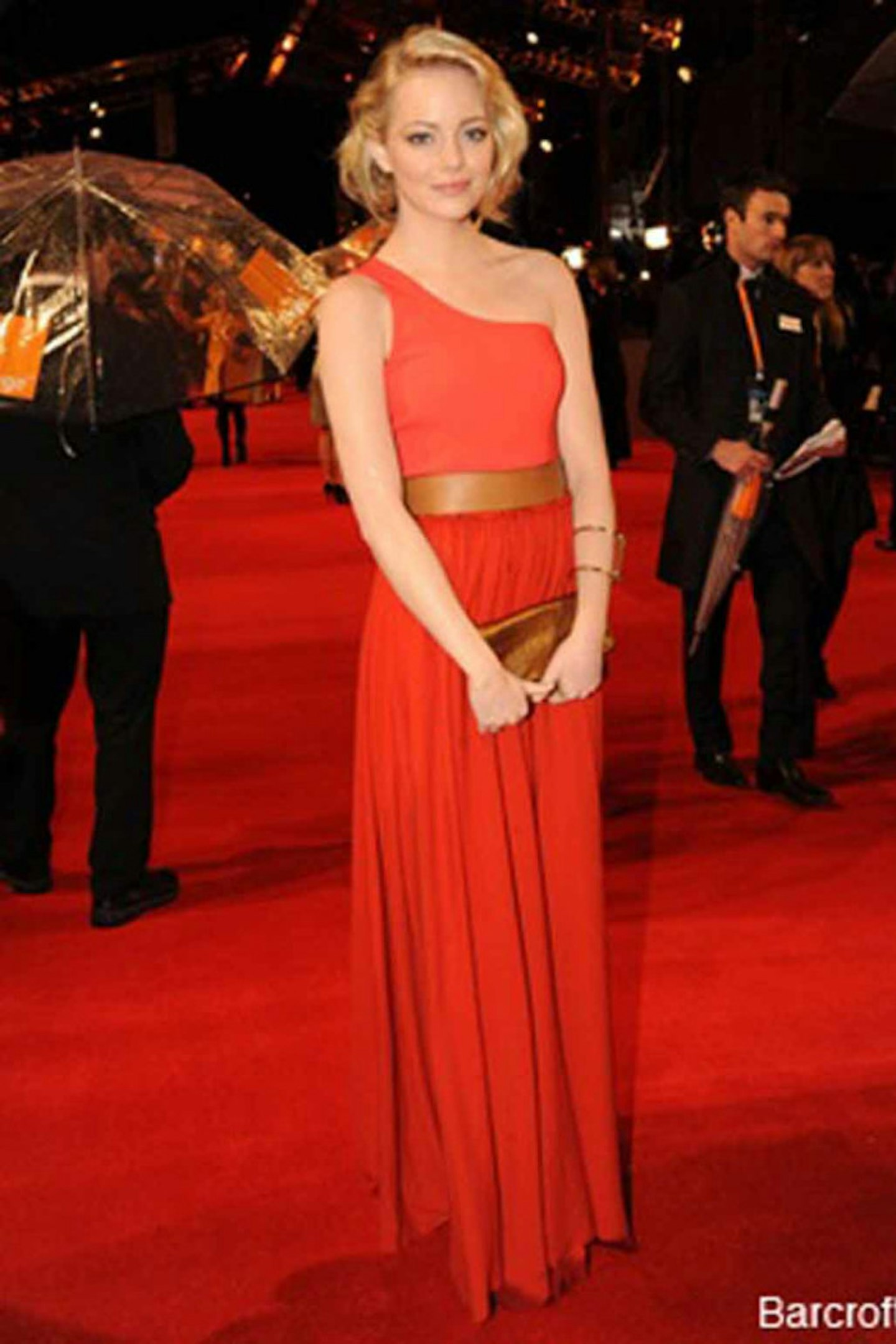 Emma Stone style lanvin blonde red orange dress