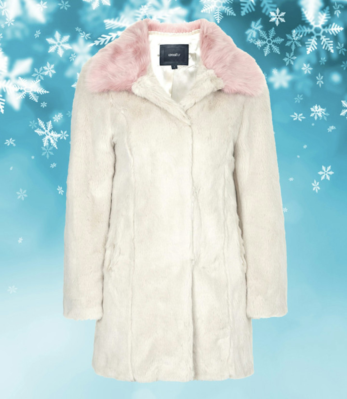 Cream faux fur coat with candy pink collar