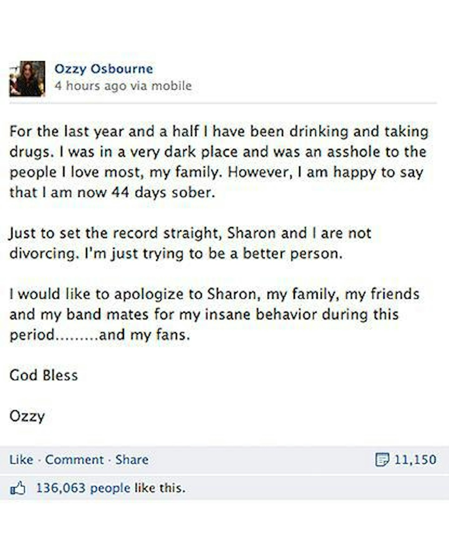 Ozzy posted on Facebook earlier
