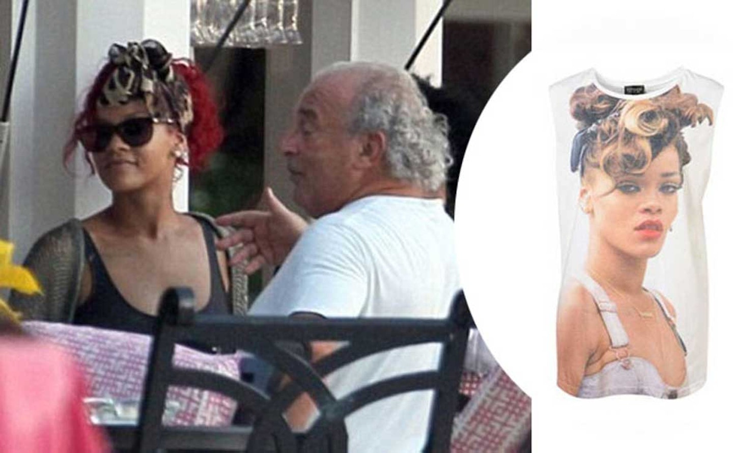 Rihanna with Topshop boss Sir Philip Green in 2010 & the T-shirt that began the law-suit
