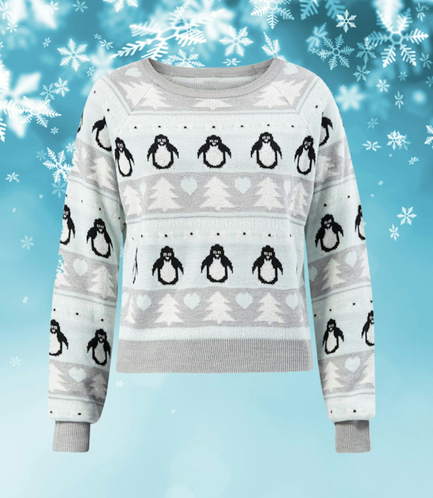 christmas-jumpers-new-look-mint-green-grey-christmas-tree-penguin
