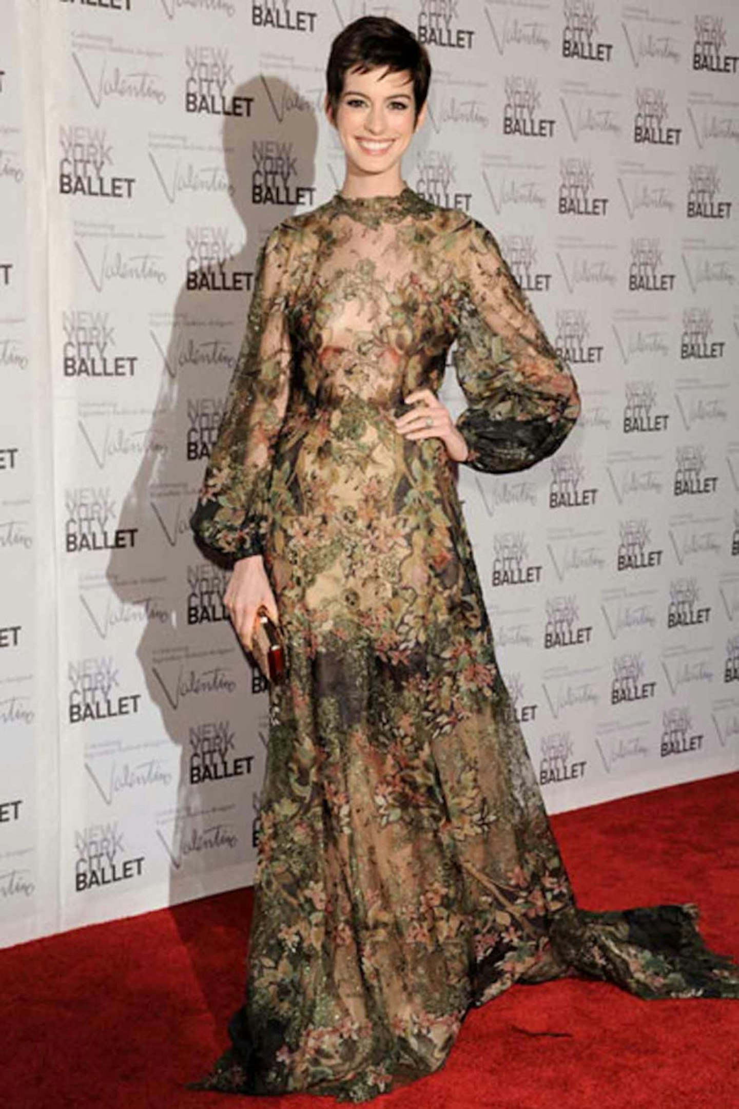 Anne Hathaway valentino ballet style 2012 long sleeve pattern dress