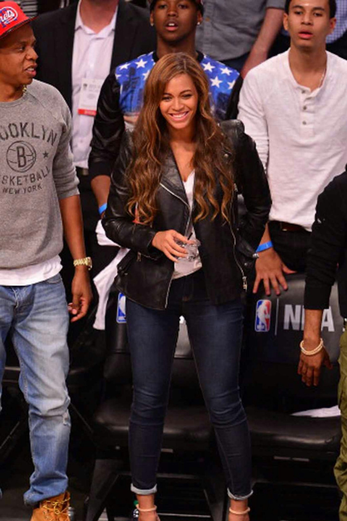 Beyonce style leather jacket denim jeans