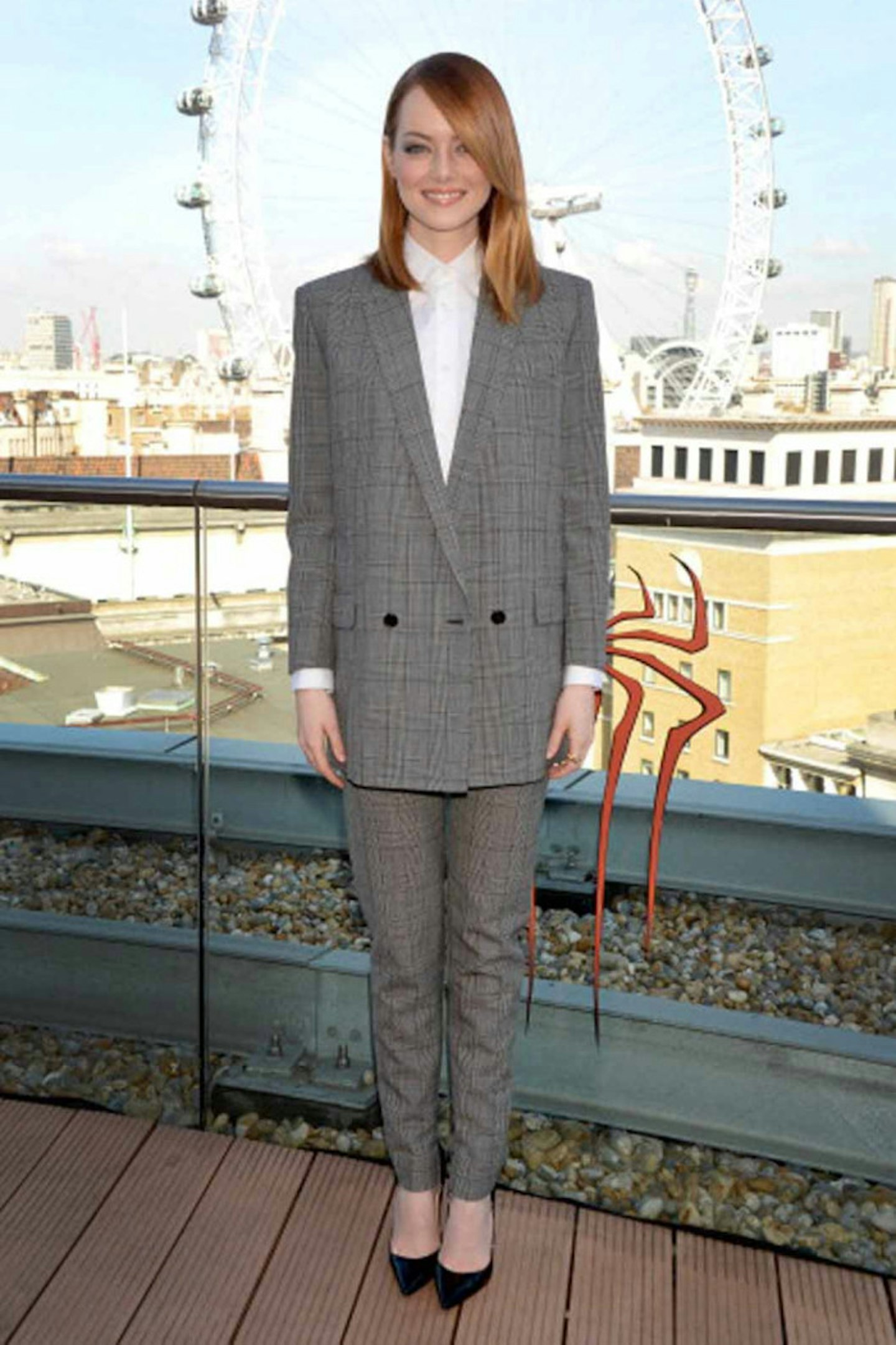 Emma Stone style london grey suit white shirt