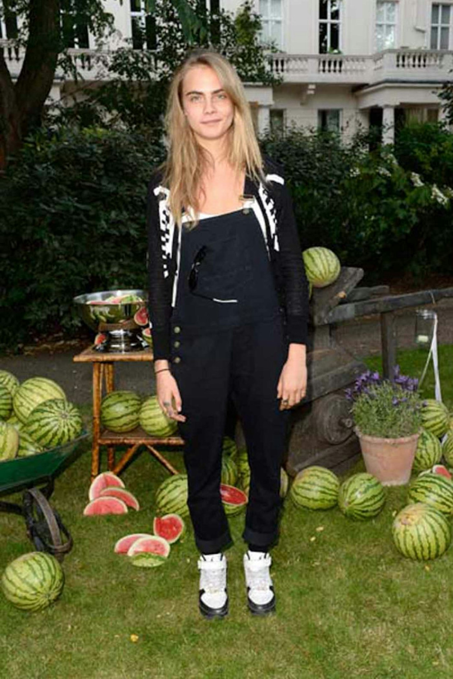 Cara Delevingne style 2014 black and white dungarees
