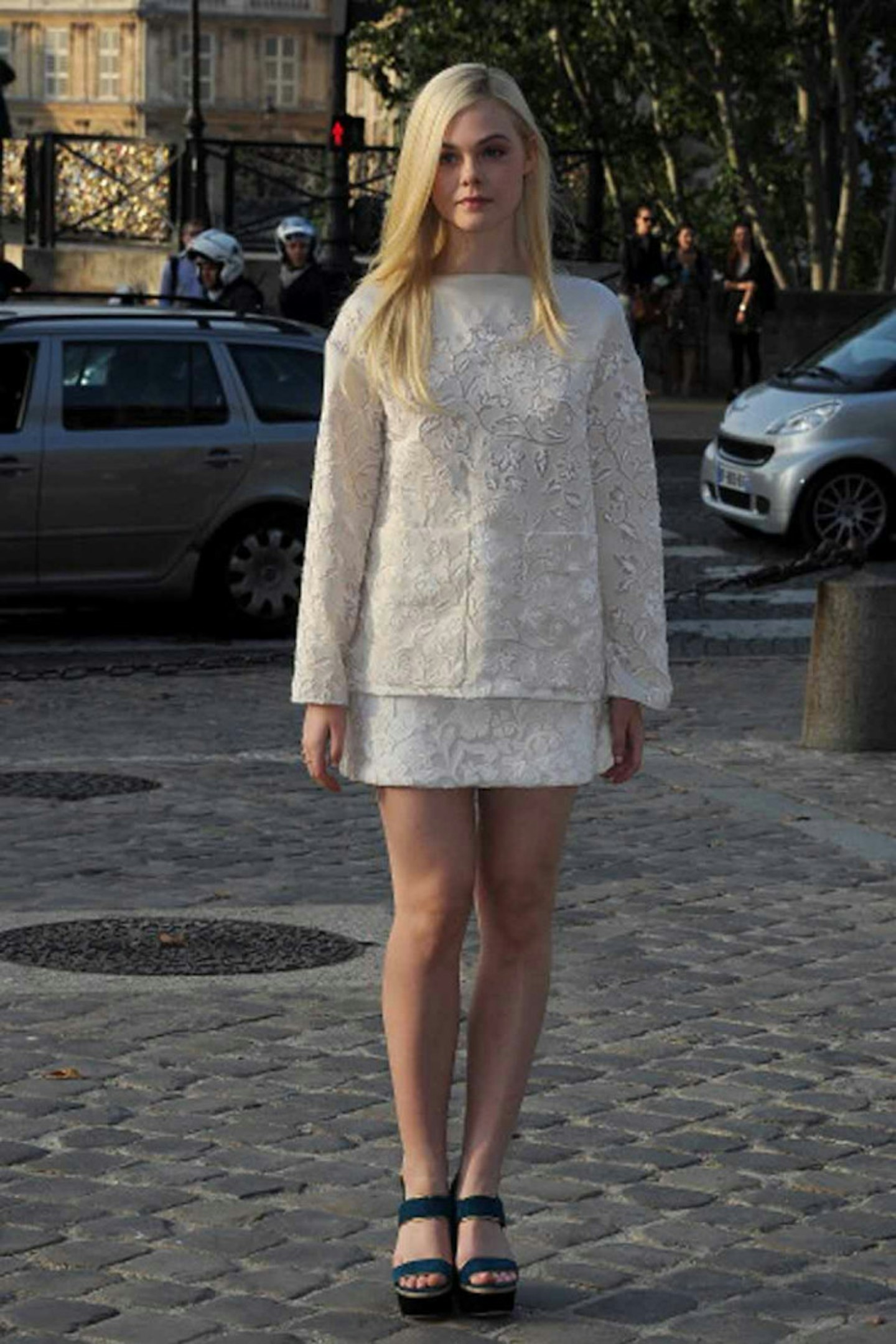 Elle Fanning style lace pattern outfit