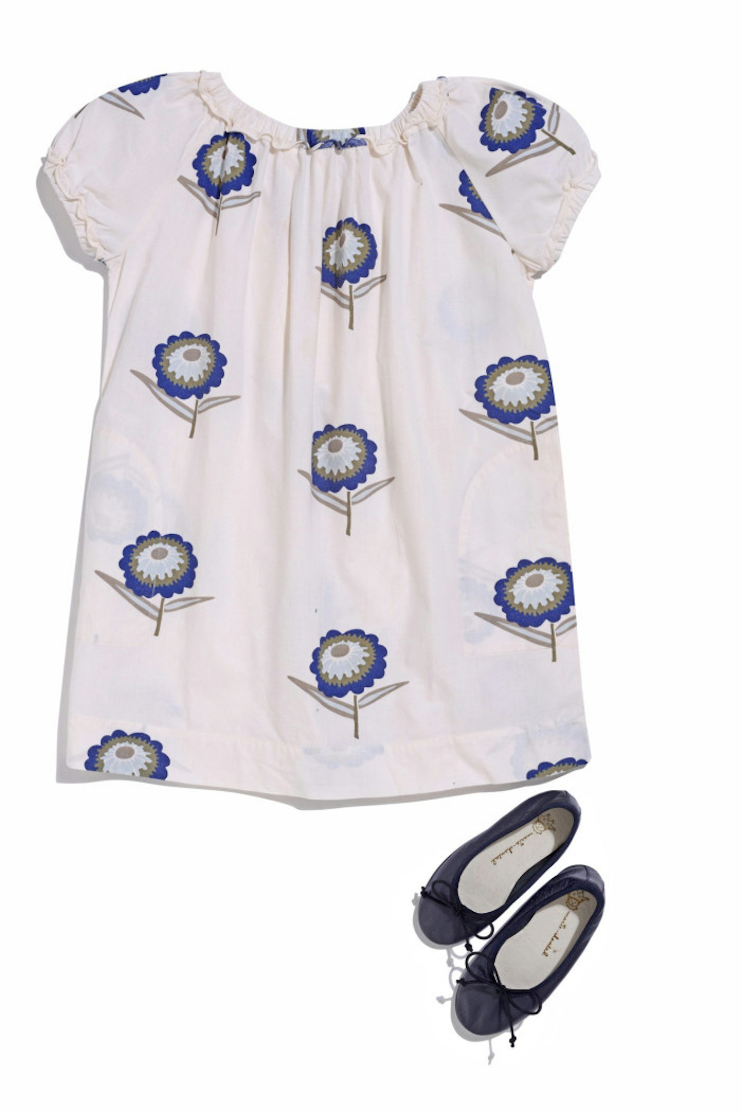 Bonpoint cream blue flower dress and Marie Chantal blue pumps